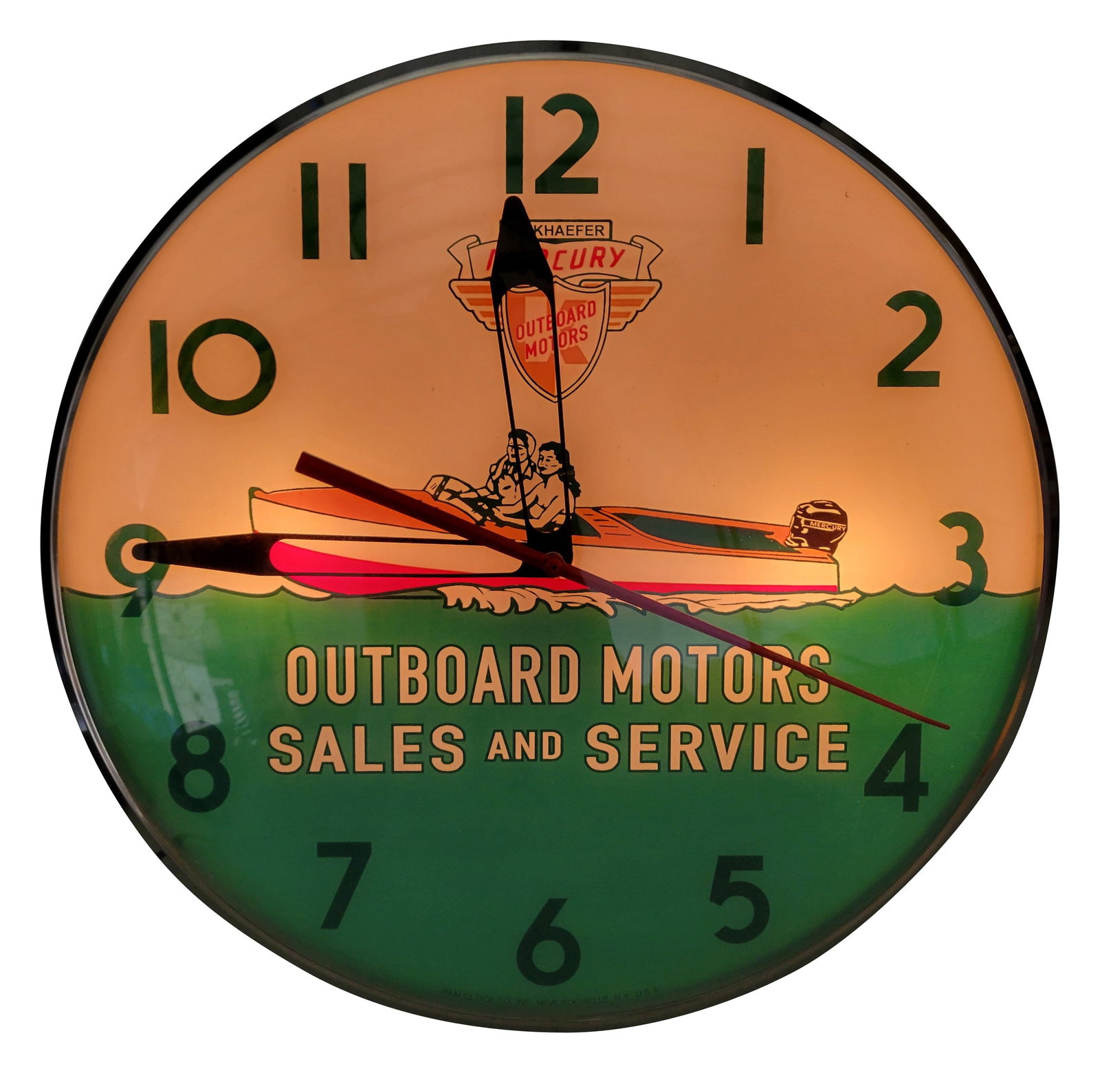 Mercury Outboard Motors Sales and Service Light Up Pam Advertising Clock: 15" working illuminated clock is in excellent condition and displays very well with bright colors. The metal trim and can are in excellent condition. Pam Clock Co. Inc.