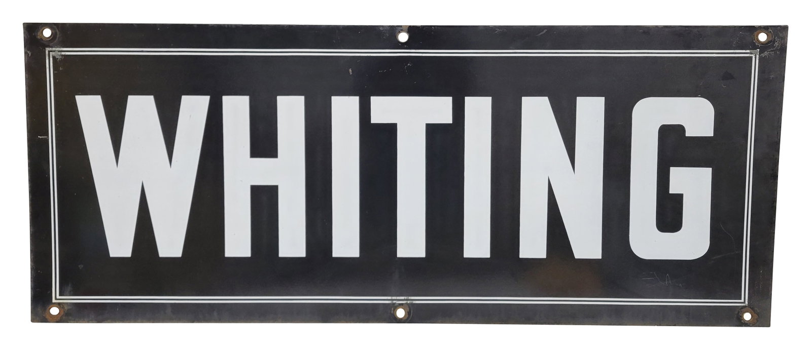 Whiting Gasoline SSP Sign: 48" x 19.5" single-sided porcelain sign displays bright white lettering. There are a few minor scratches on the outer field. The perimeter exhibits slight wear, including oxidation along the bottom 