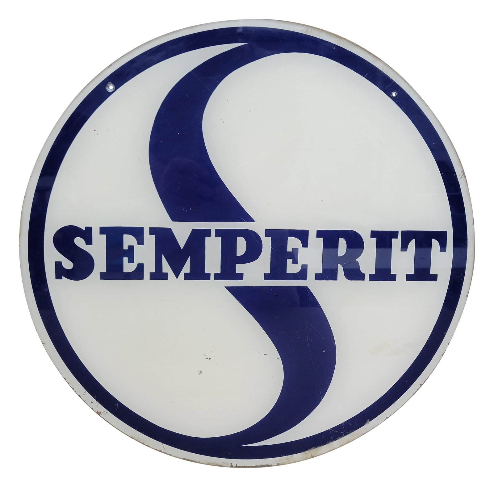 Semperit Round Plastic Sign: 19.25" round plastic sign has fine scratches on the front. The back side has small scratched areas of paint in the field and around the perimeter.