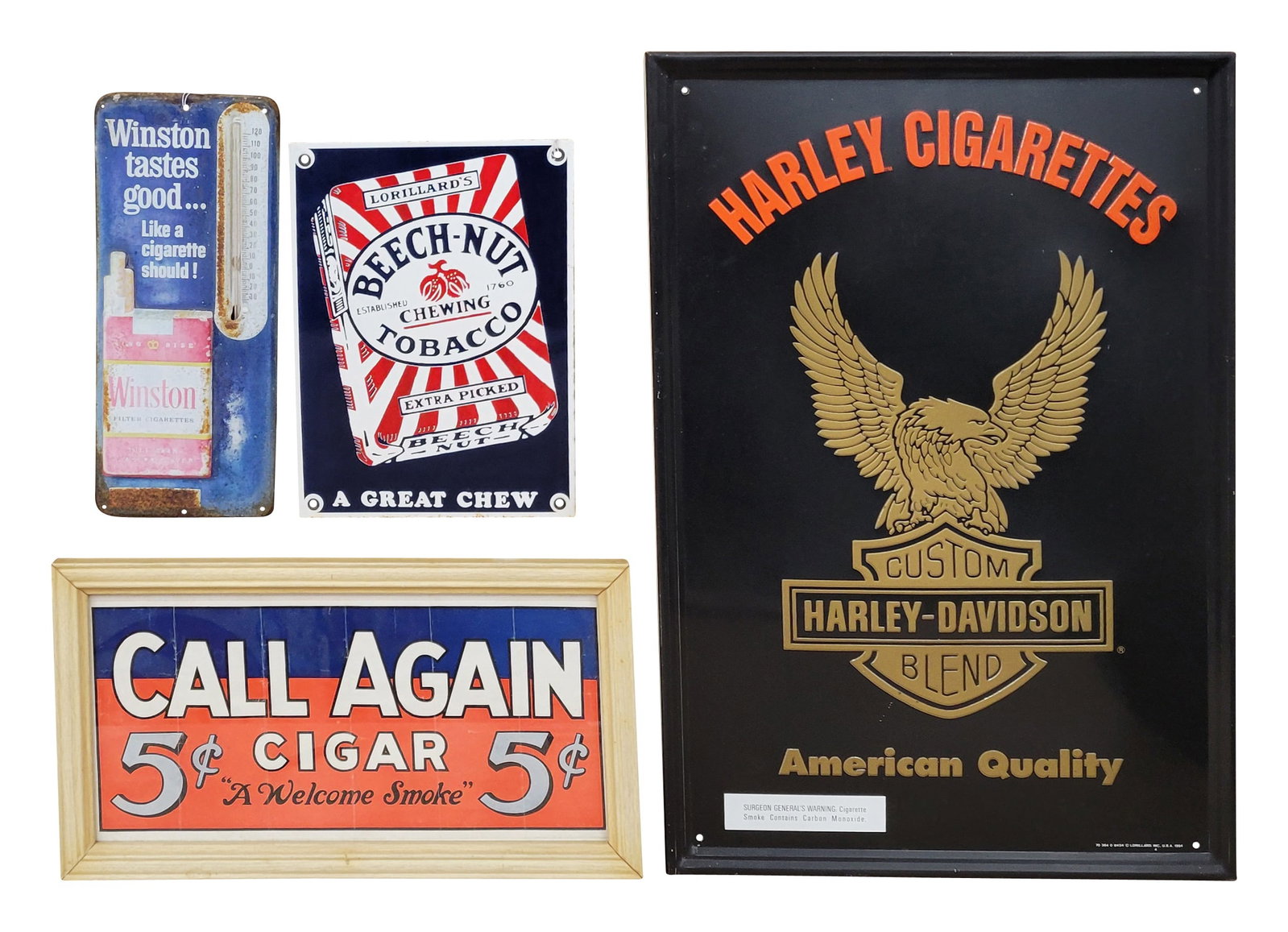 Lot of Misc. Signs: Lot includes a modern 9" x 12" SSP Beech Nut Tobacco sign, a 5.75" x 13.5" working Winston 3D tin thermometer, a 17.75" x 9.75" framed paper Call Again sign, and a 1994 17.5" x 25.5" SST Harley Cigare