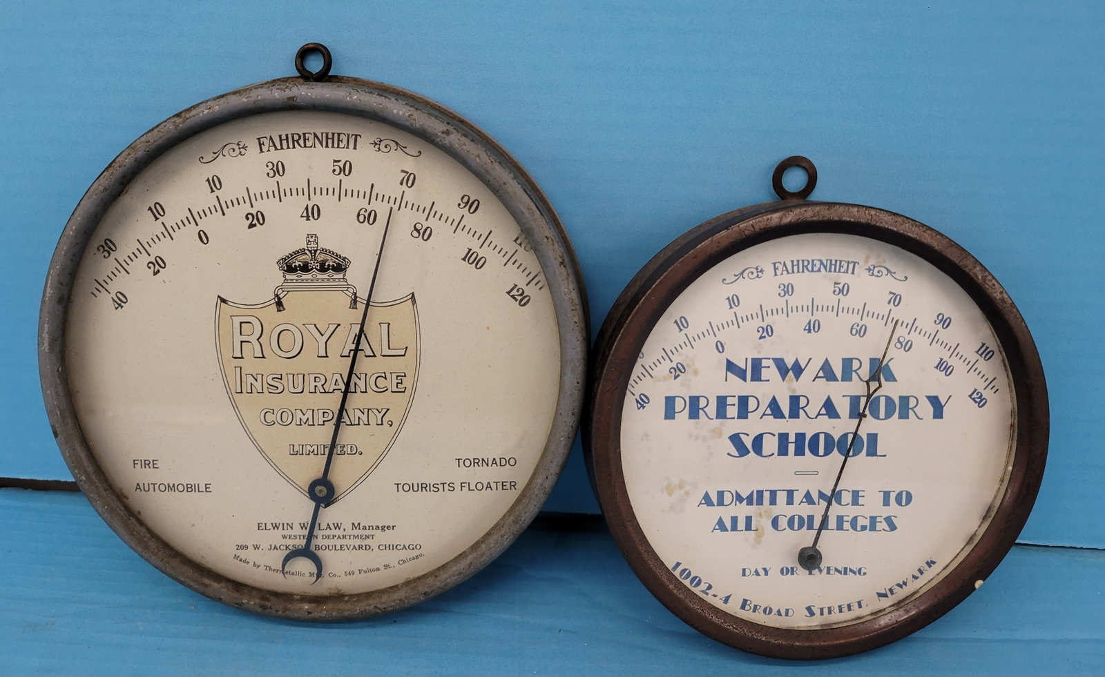 Royal Insurance Co. and Newark Preparatory School Thermometers (1 of 2)