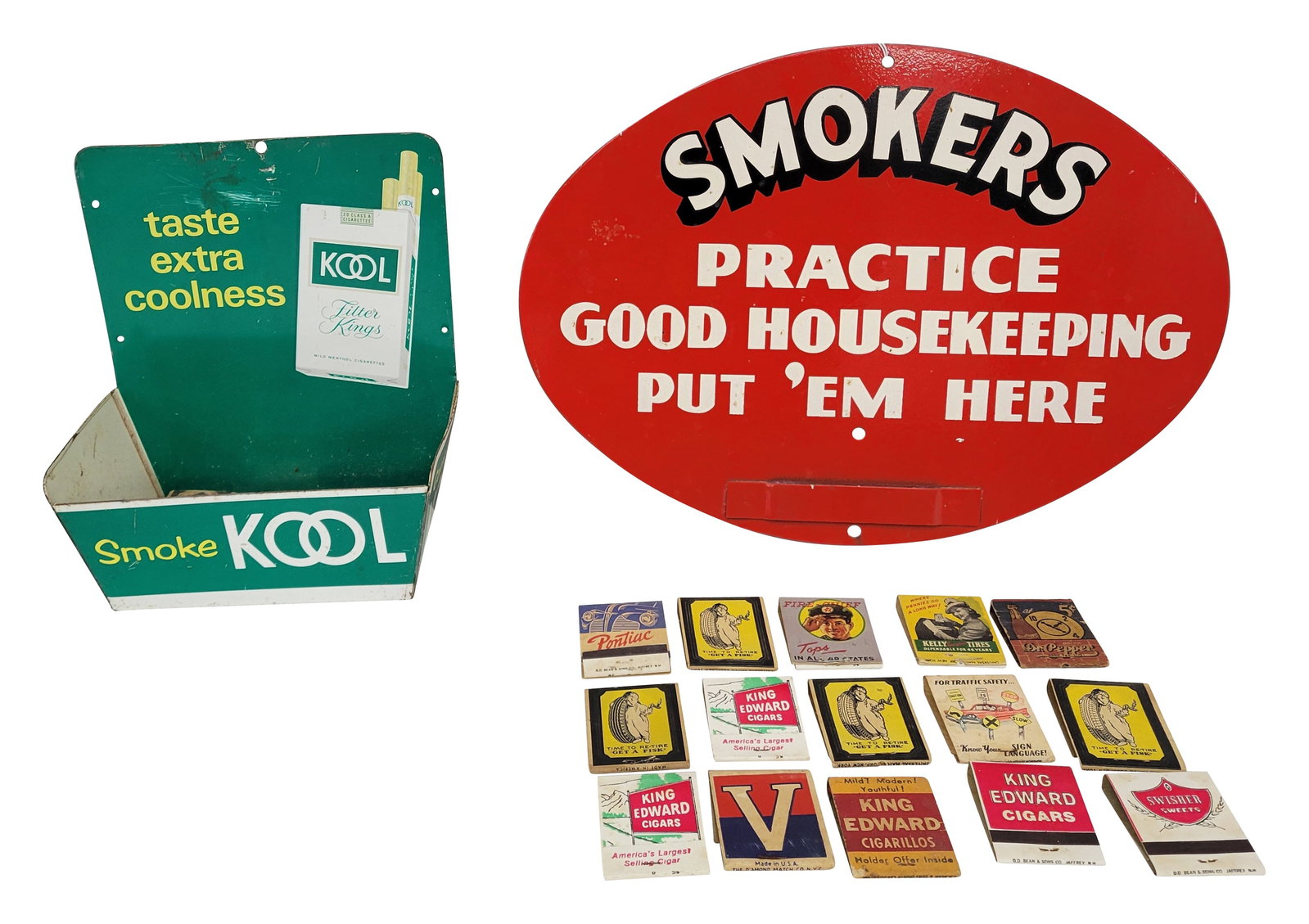 Smoke Kool Tin Match Holder and Smokers Put 'Em Here Sign (1 of 3)