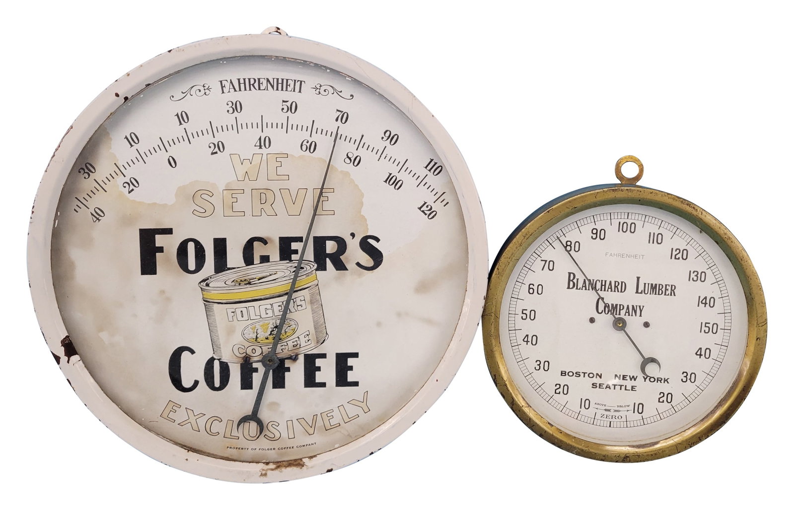 Folger's Coffee and Blanchard Lumber Company Thermometers (1 of 2)
