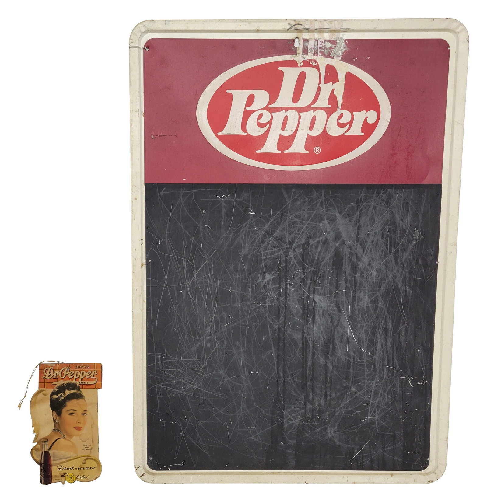 Dr Pepper Menu Board and Framed Fan Pull: Lot of 2 includes a 19" x 27" tin Dr Pepper menu board with scratches, fading, and general wear throughout. Also included is a 7.5" x 9.5" (includes frame) cardboard litho Dr Pepper fan pull that disp