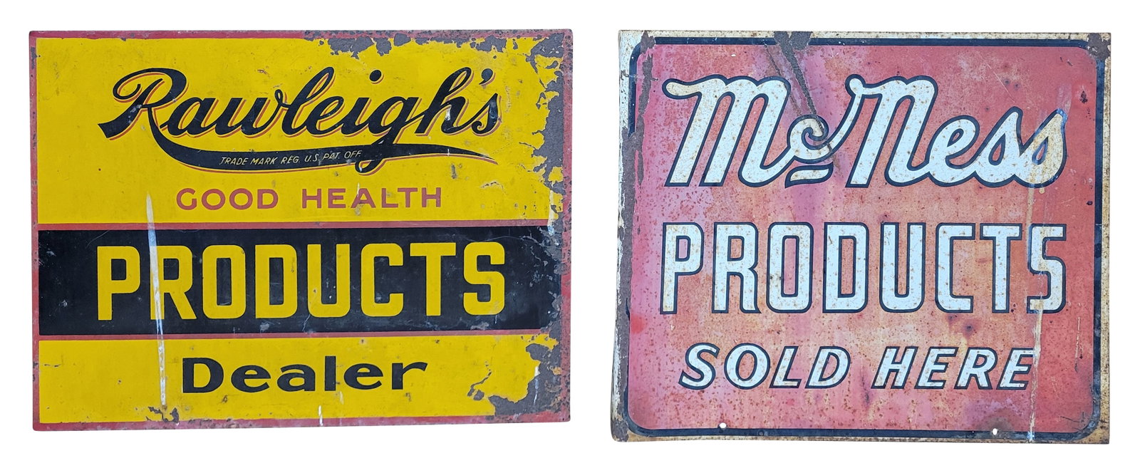 McNess Products and Rawleigh's Products Flange Signs: Lot of 2 flange signs includes a 16" x 13.5" McNess Products sign and 18" x 13.5" Rawleigh's Good Health Products sign. Both exhibit signs of age and wear with flaked paint, rust, and fading.