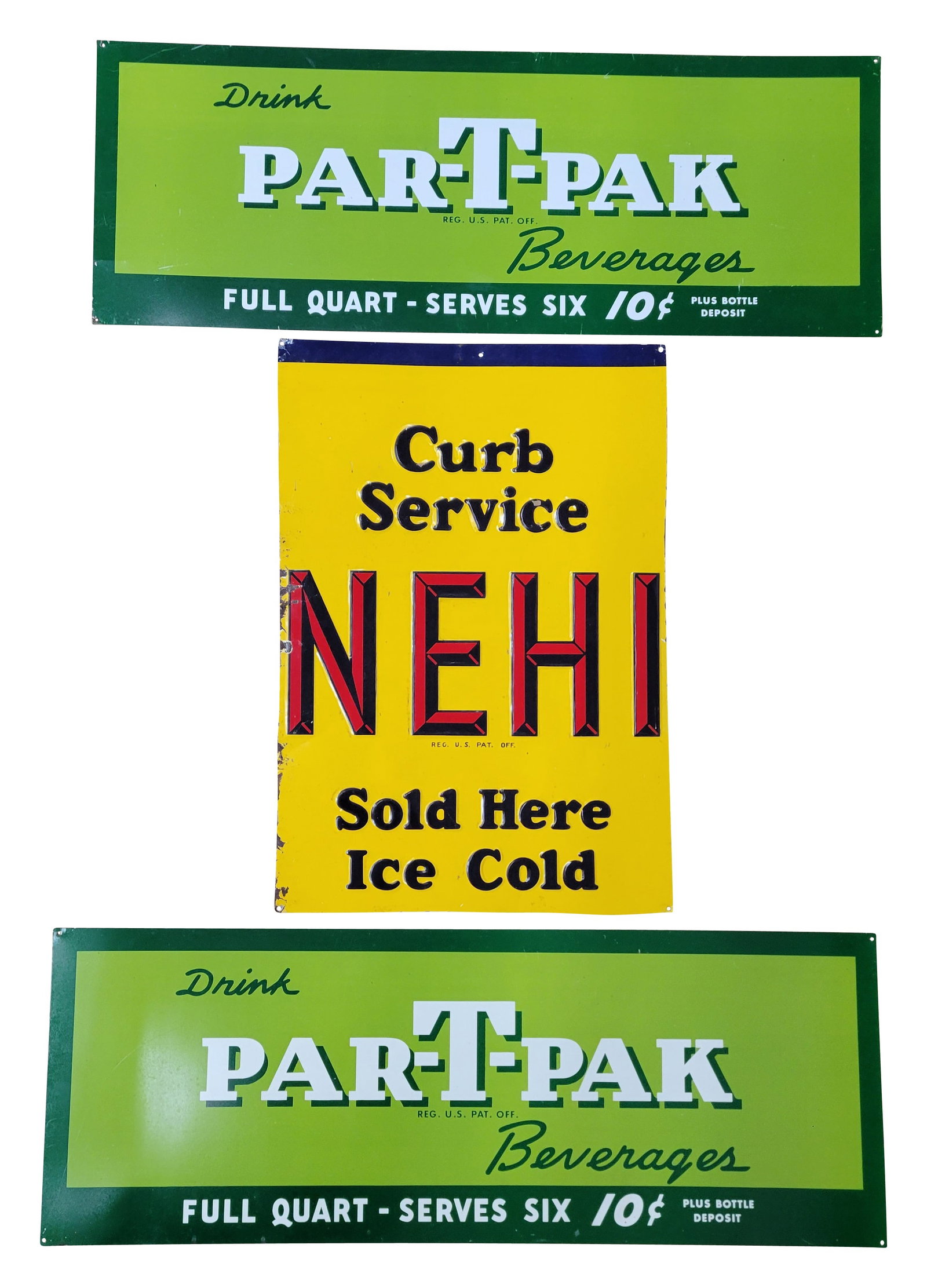 Par T Pak and Nehi SST Signs: Lot of 3 includes a trimmed Nehi sign and 2 33" x 12" Par-T-Pak signs in excellent condition with minor scuffs and scratches. Age Unknown.