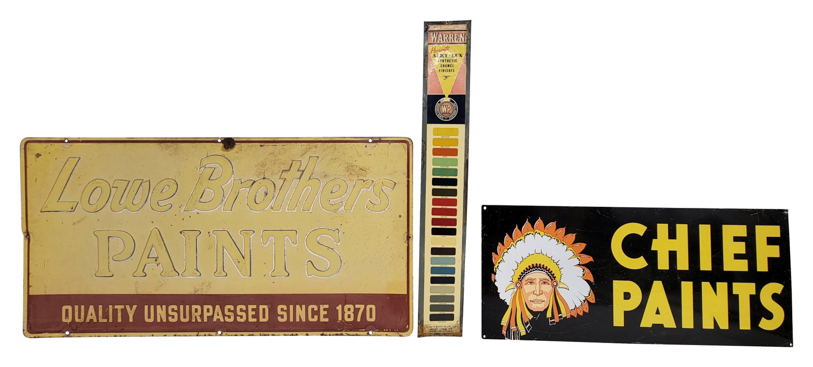 Chief Pains, Warren Paints, and Lowe Brothers Paints Signs: Lot of 3 includes a 36" x 18" embossed Lowe Brothers paints, a 4" x 28" Warren swatch celluloid sign, and a 28"x 12" DST Chief Paints sign with light scratches throughout each side.