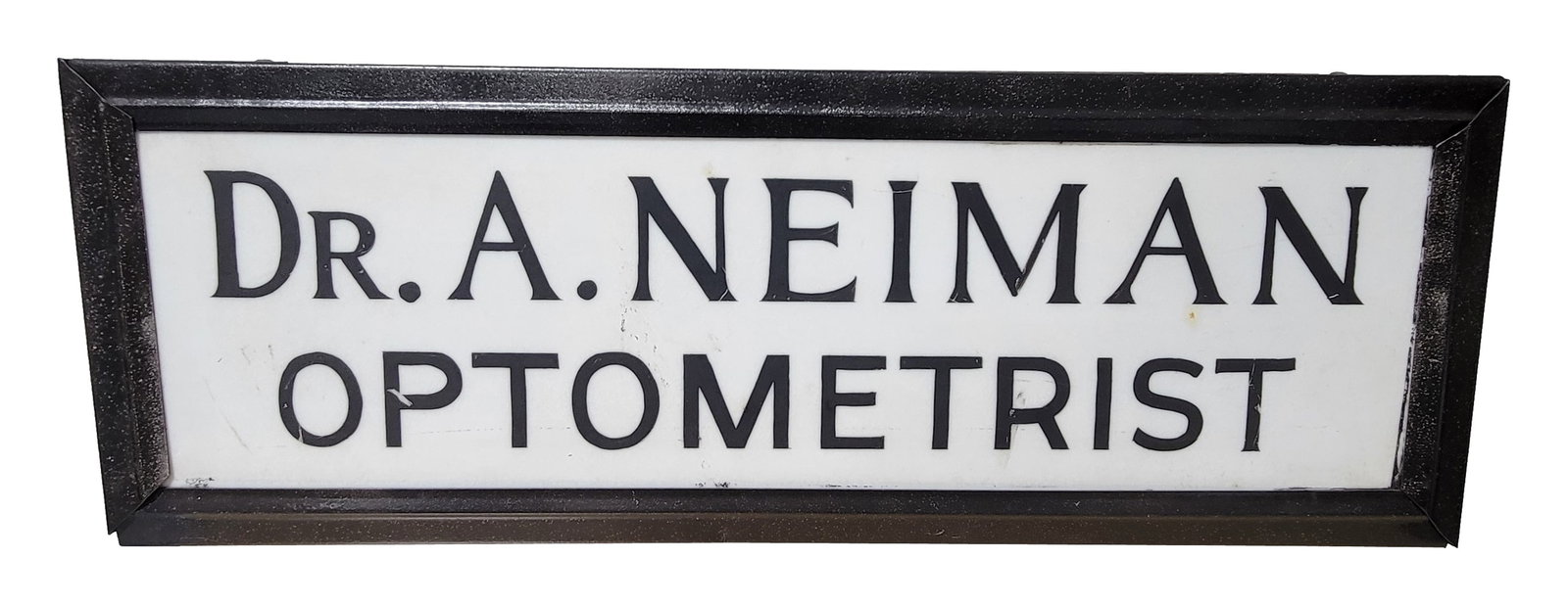 Dr. A. Neiman Optometrist Double Sided Trade Sign: 23.5" x 8.5" x 6" double sided sign features a plastic face on each side with a metal housing. The plastic faces exhibit light wear with small scratches and the metal housing is in very good condition