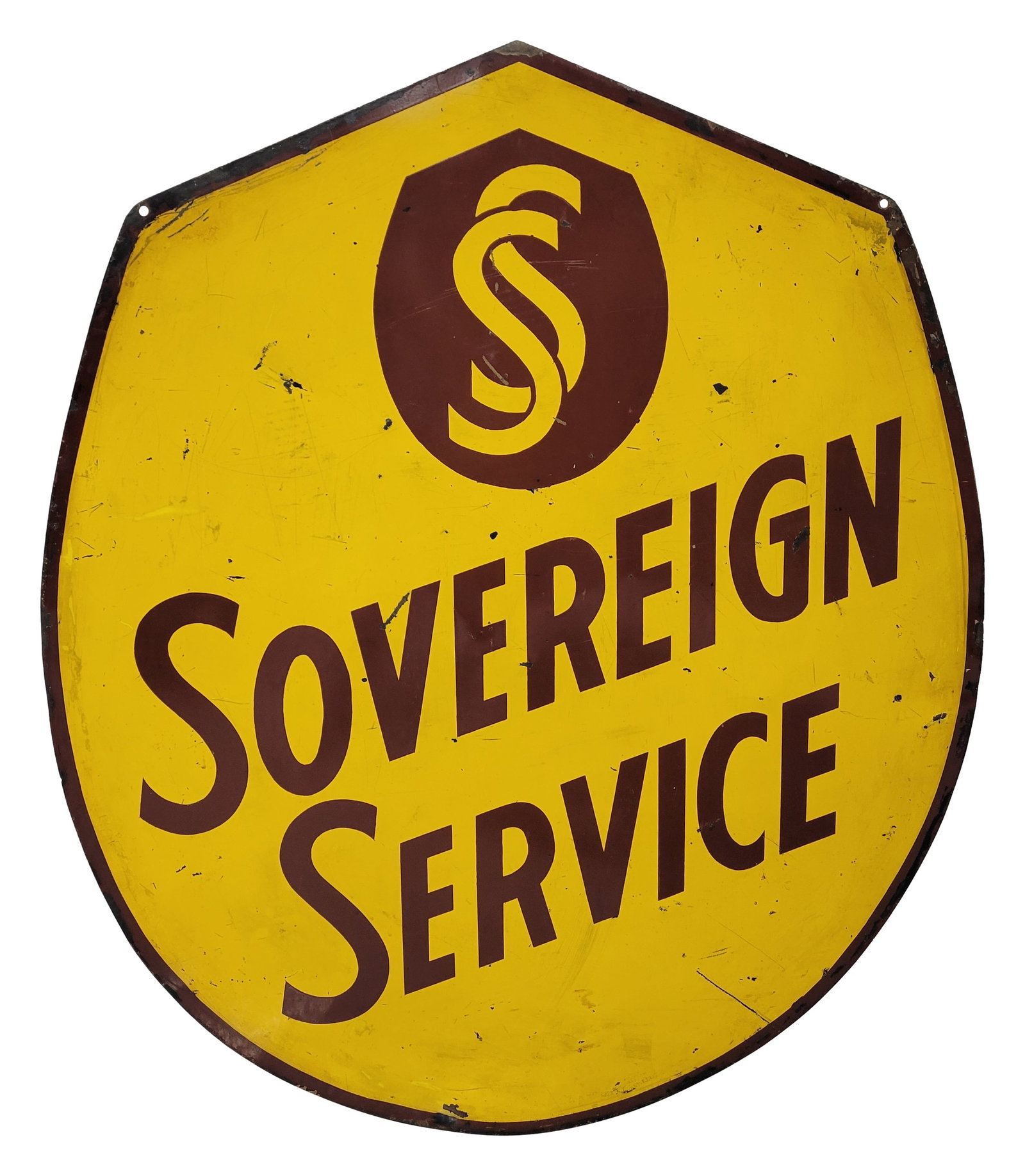 Sovereign Service DS Sign: 30" x 35" double sided metal sign exhibits general wear throughout each side with scratches, flaked paint, stains, and small dings. The perimeter displays wear with flaked paint and several shallow be