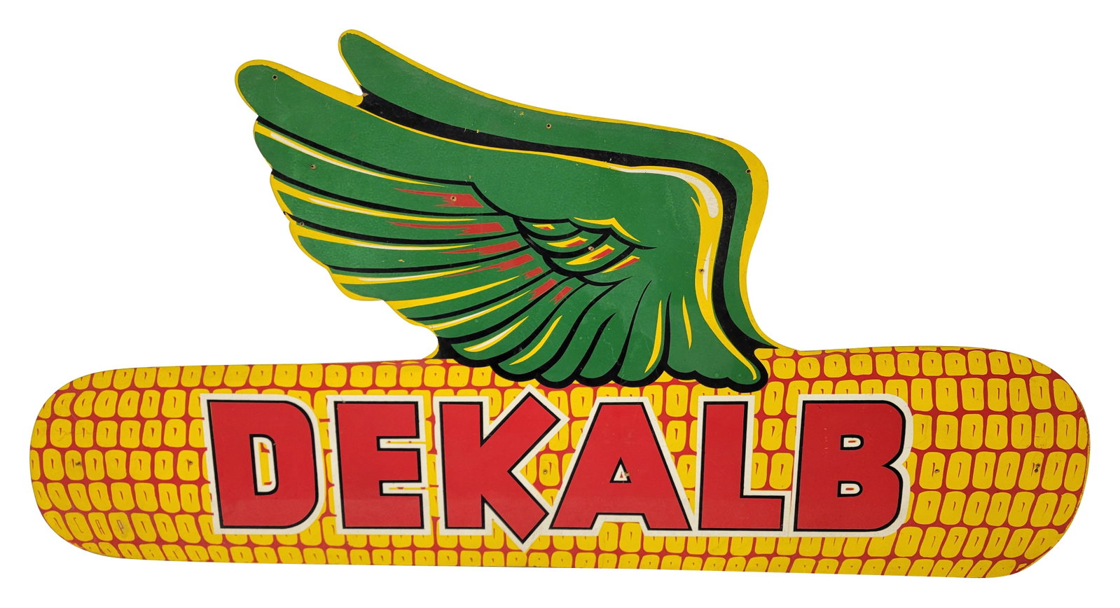 Large Dekalb Feed Corn SS Masonite Sign: 62.5" x 32" large single sided masonite sign displays bright color with moderate wear including scuffs, light scratches, amd small holes.