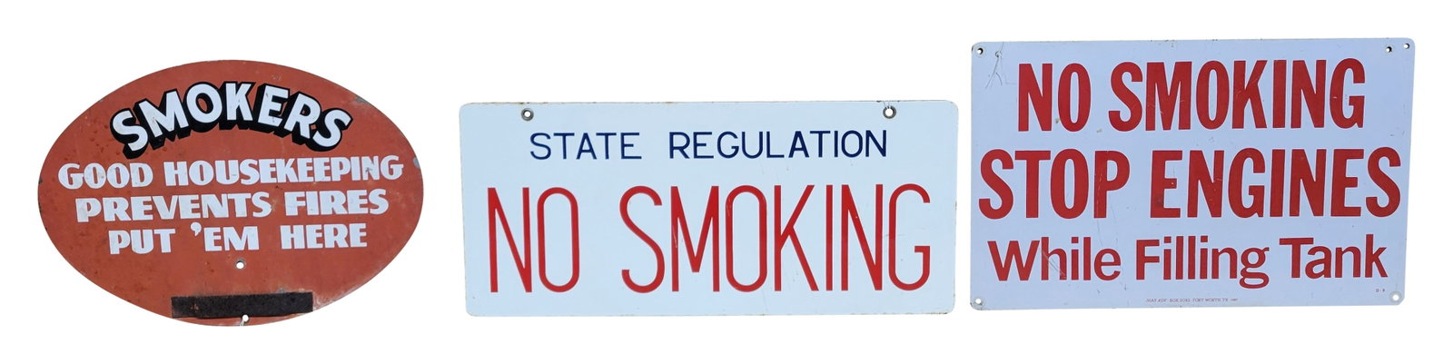 Lot of misc. smoking signs: Lot of 3 signs includes a 1987 16" x 10" DST No Smoking Stop Engines sign with scratches, a 13.5" x 10" SMOKERS Good Housekeeping metal sign with wear and fading, and a 18" x 8" DSP State Regulation N
