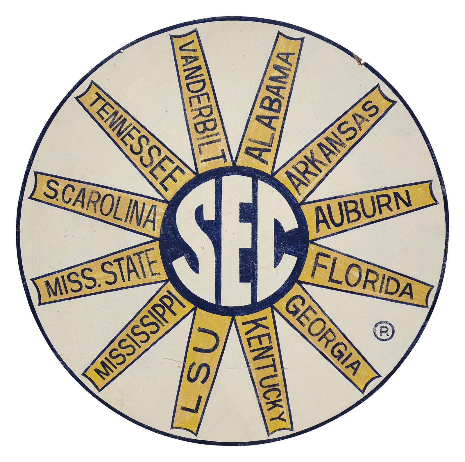 48" SEC 12 Team Logo Painted Wood Sign: 48" painted wood sign features the 12 teams of the SEC. It exhibits moderate wear with fading, scratches, and a 1" damaged section on the perimeter. There are several small mounting holes along the pe