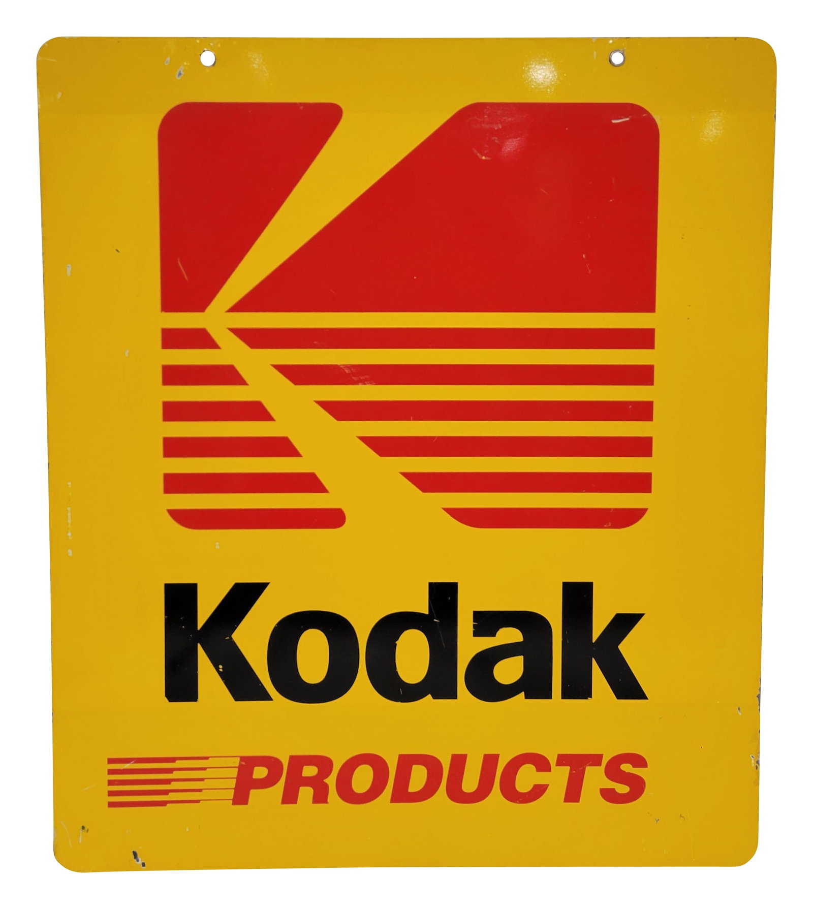 Kodak Product Single Sided Tin Sign: 20" x 23.5" SST sign exhibits bright color and high shine with light scratches in the field and along the perimeter. There are several small areas of flaked paint along the perimeter and wear is visib