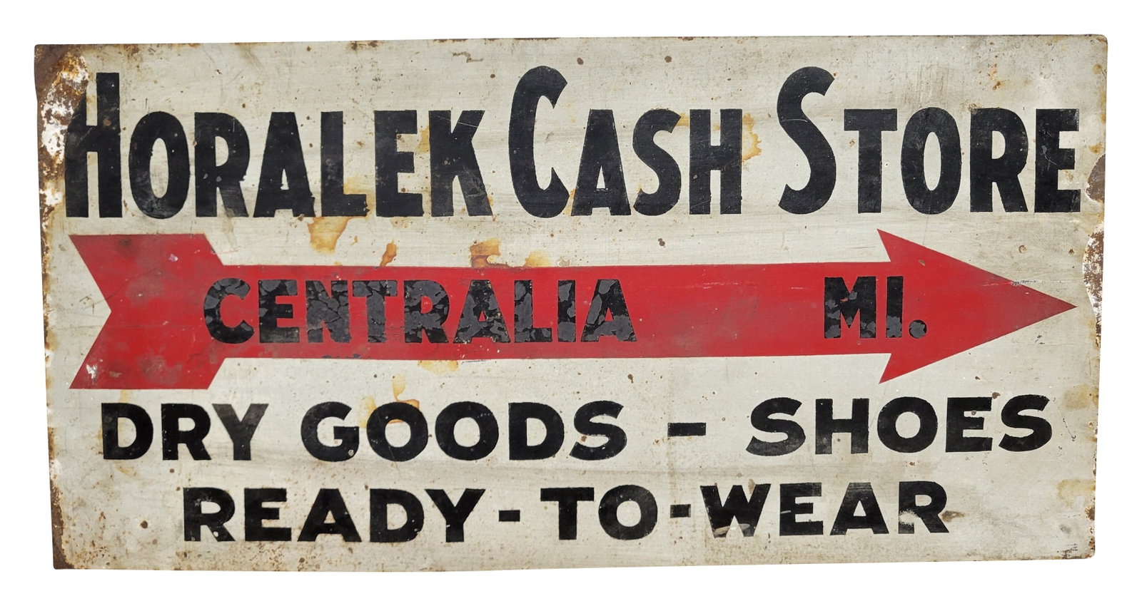 Horalek Cash Store Centralia Missouri SST Directional Sign: 24" x 12" single sided tin exhibits age and wear with stains, flaked paint, and surface rust.