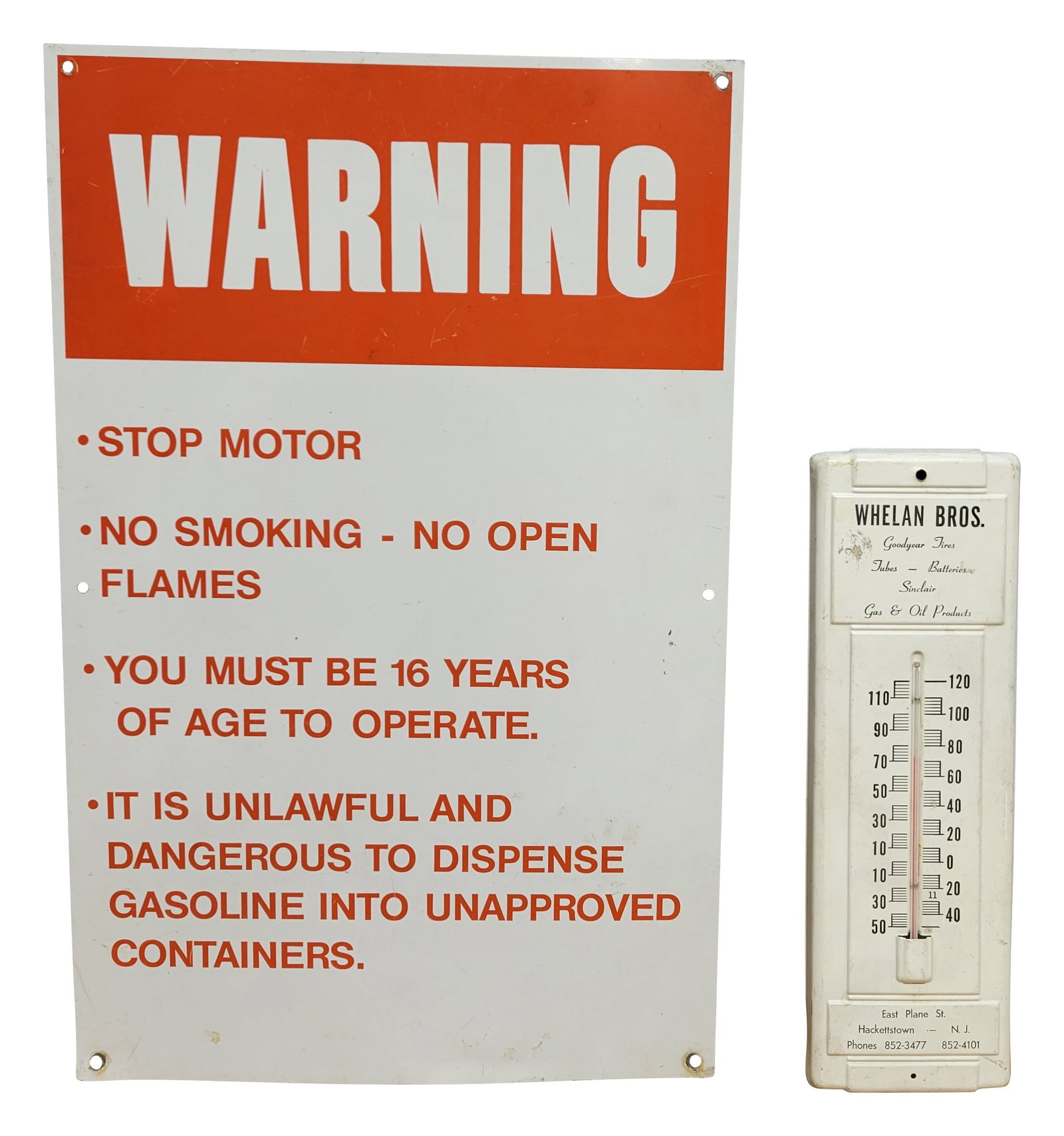 Warning Gas Station Sign and Whelan Bros. Goodyear Tires Tin Thermometer (1 of 3)
