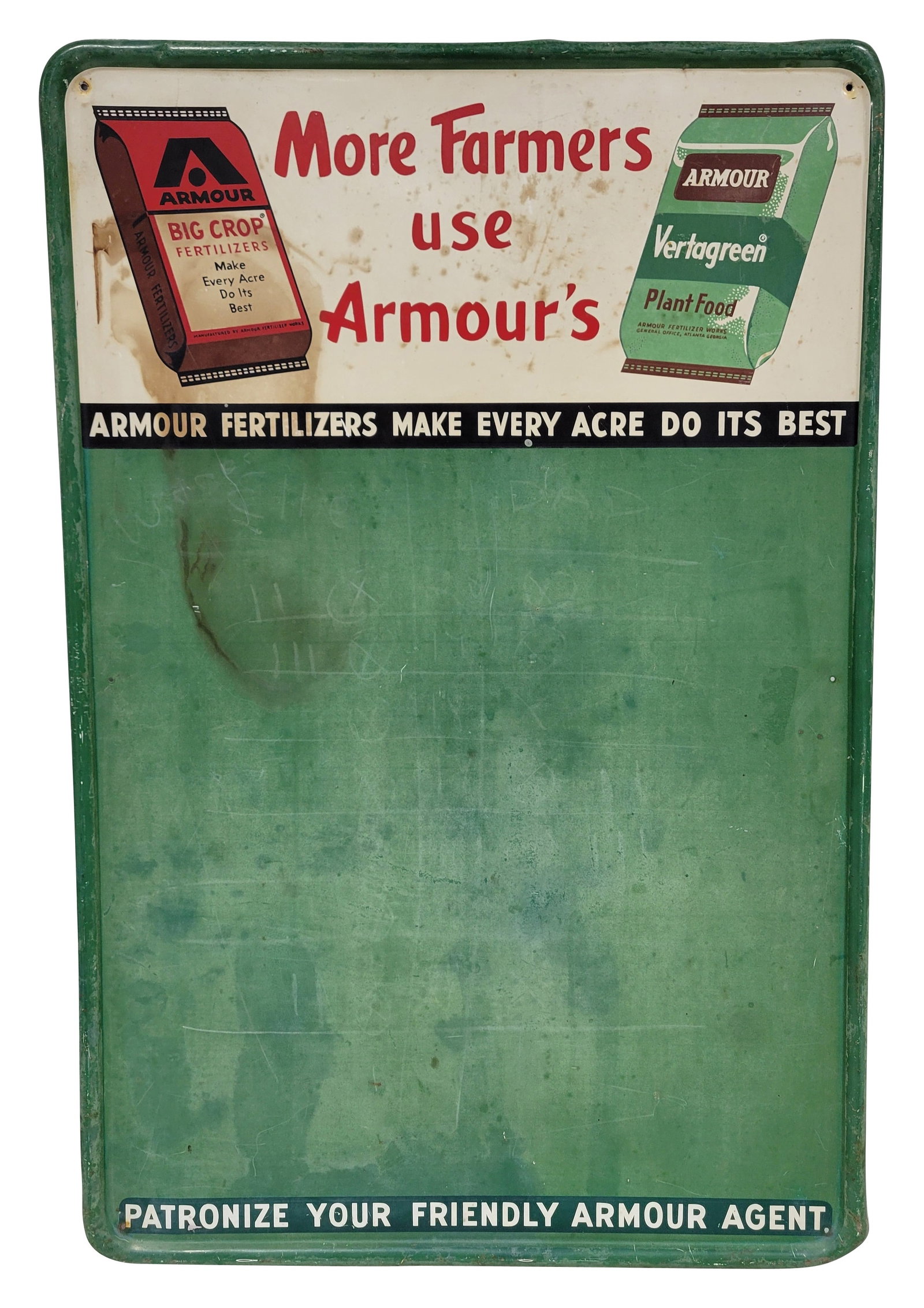 More Farmer's Use Armour's Fertilizer SST Menu Board Sign: 23.5"x 35.5" single sided tin sign displays wear and age on the surface with fading, scratches, and light rust. The menu board is worn and faded. The self framed perimeter exhibits wear with scratches