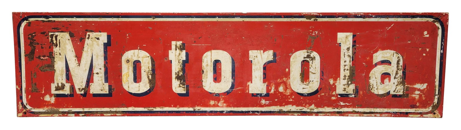 Motorola Single Sided Tin Sign: 18" x 72" SST embossed self-framed sign features the original wooden frame. The sign has heavy wear with fading, paint loss, errant white paint, and a non-factory hole in the "O" in the left field. Th