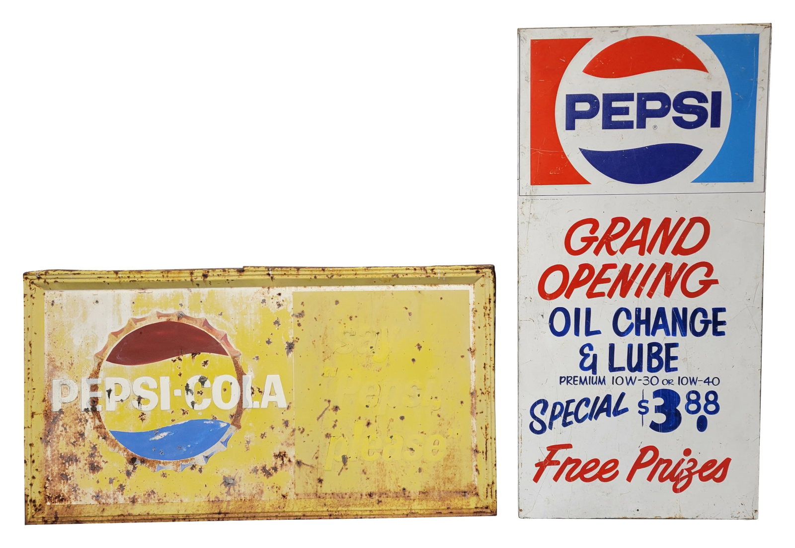 Pepsi Cola SST Signs: Lot of 2 signs includes a 33" x 68" embossed SST Grand Opening sign with general wear throughout including scratches and dings. Also included is a 67" x 36" Peps Cola embossed sign with the bottle cap
