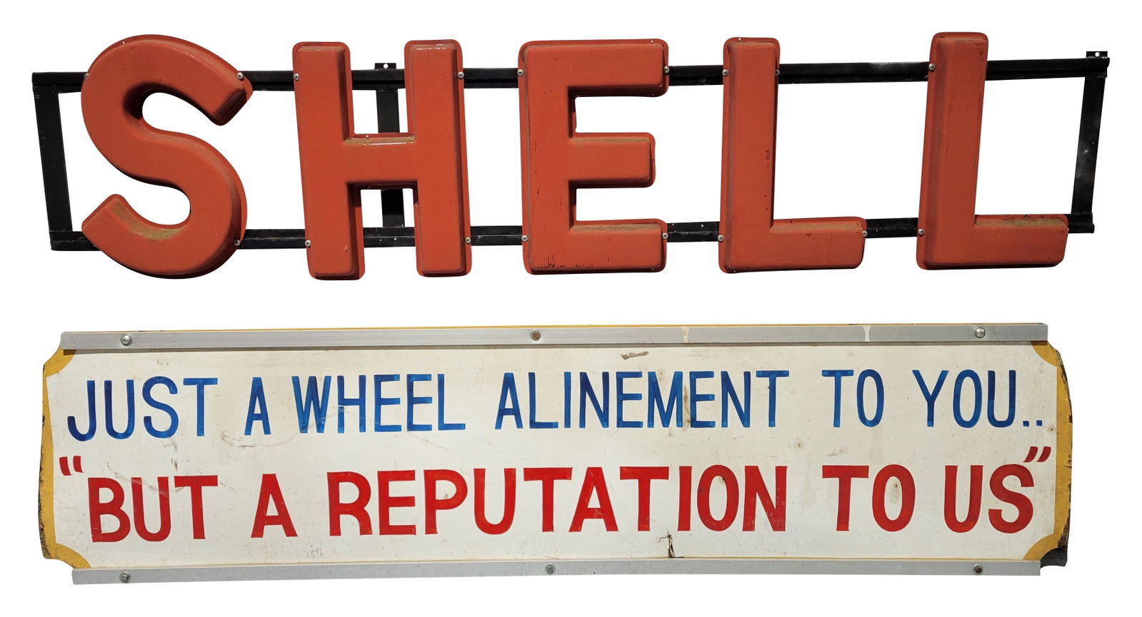 Shell Service Station Letters and Wheel Alinement Masonite Sign (1 of 3)