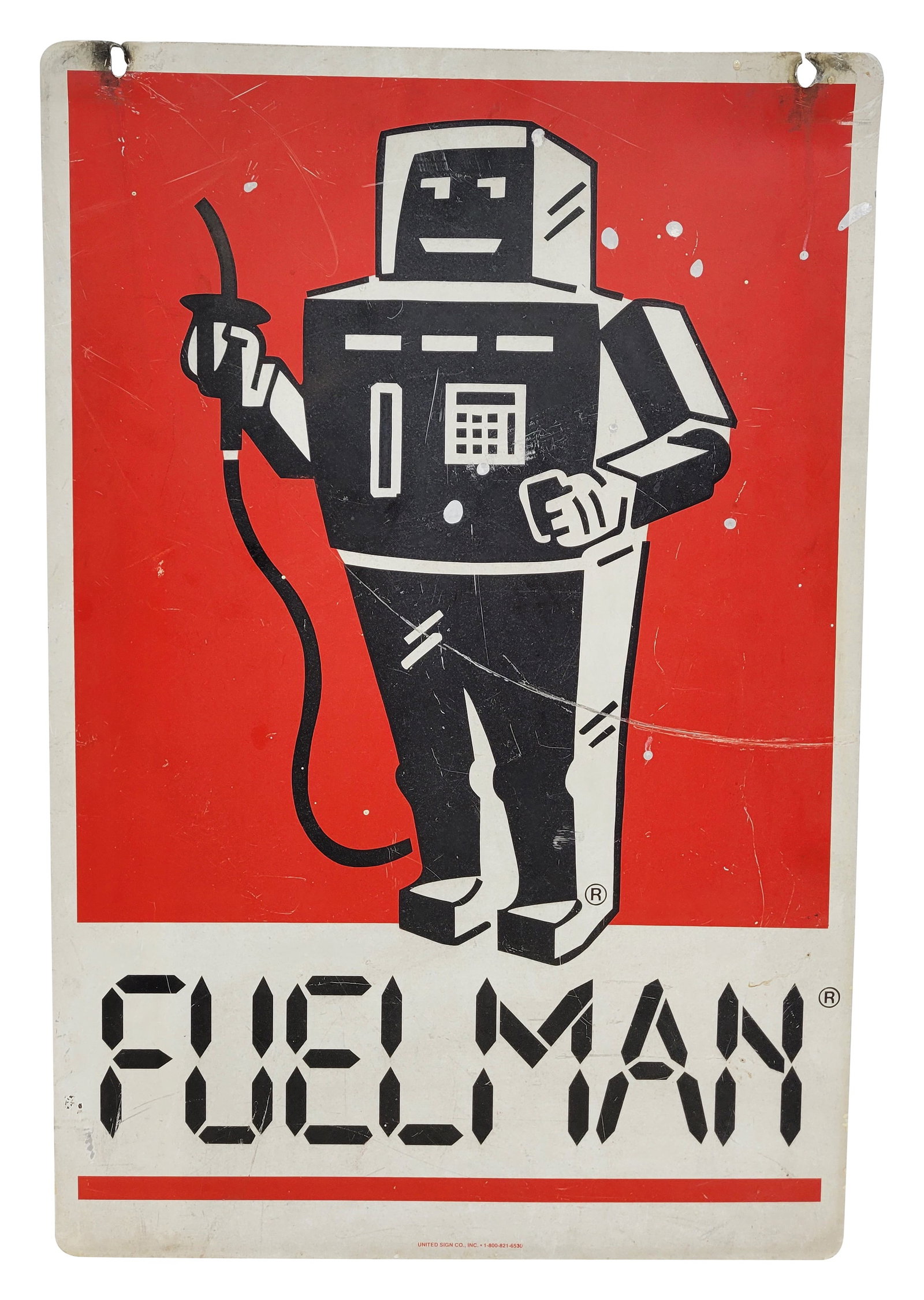Fuelman DST Sign: 16" x 24" double sided tin sign exhibits wear on each side with fading, scratches, dings, and bends.