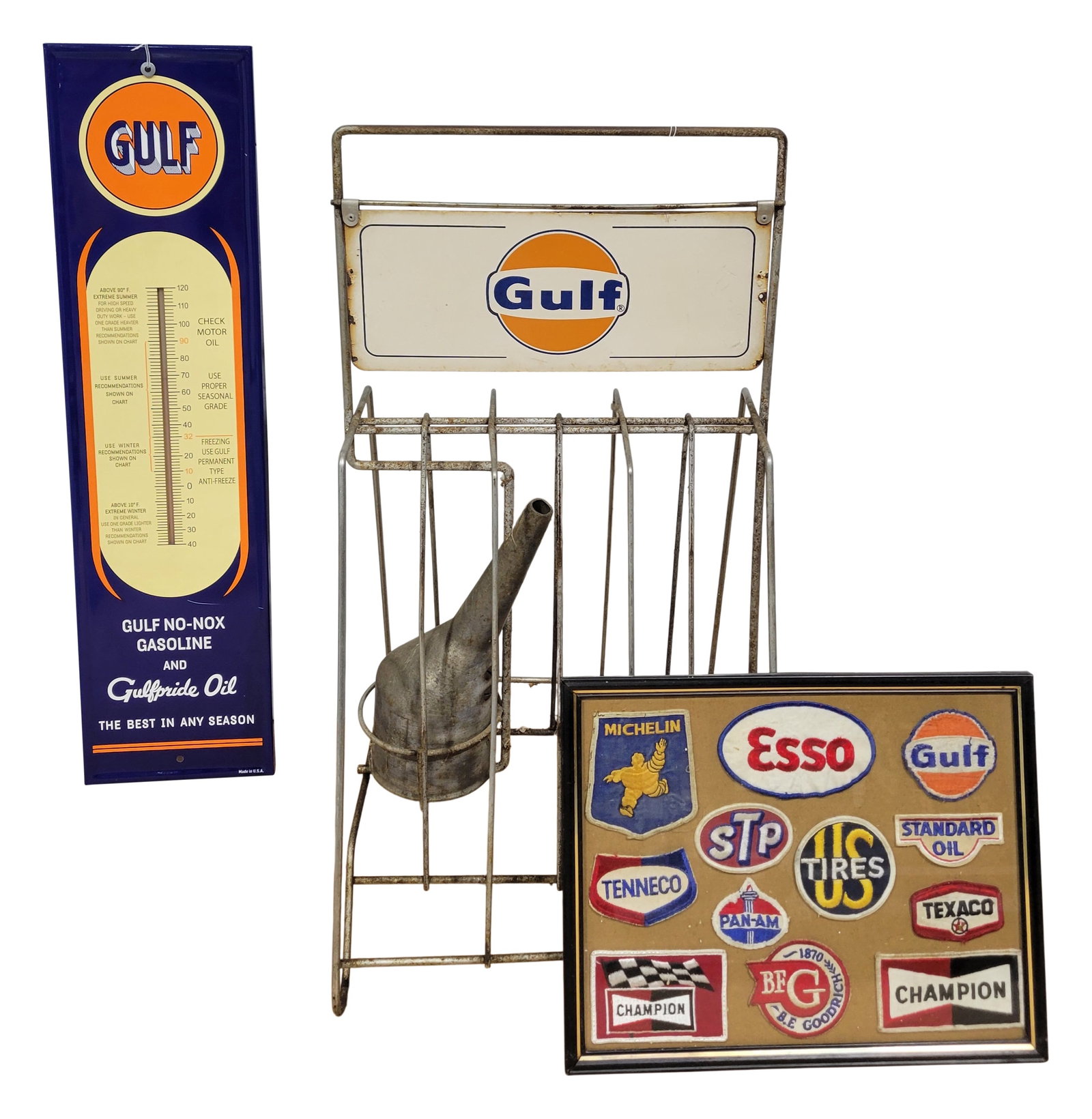 Gulf Oil Can Display Rack, Thermometer and Vintage Service Station Uniform Patches (1 of 6)