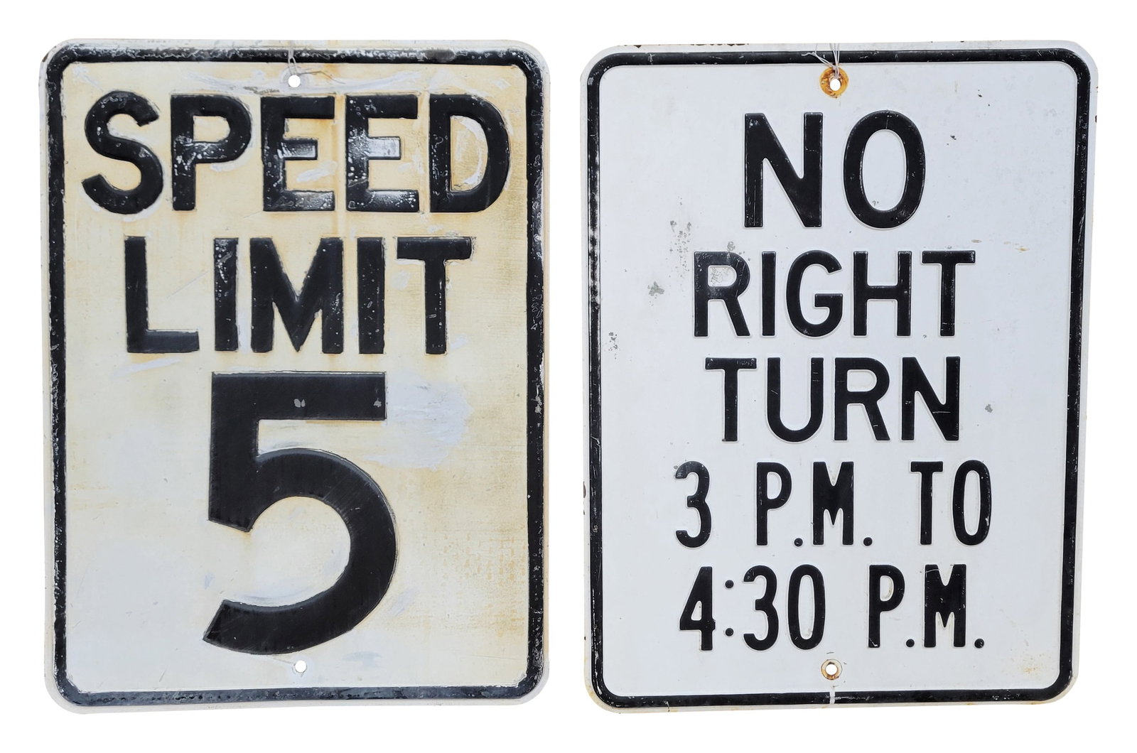 Speed Limit 5 and No Right Turn Embossed Road Signs (1 of 2)