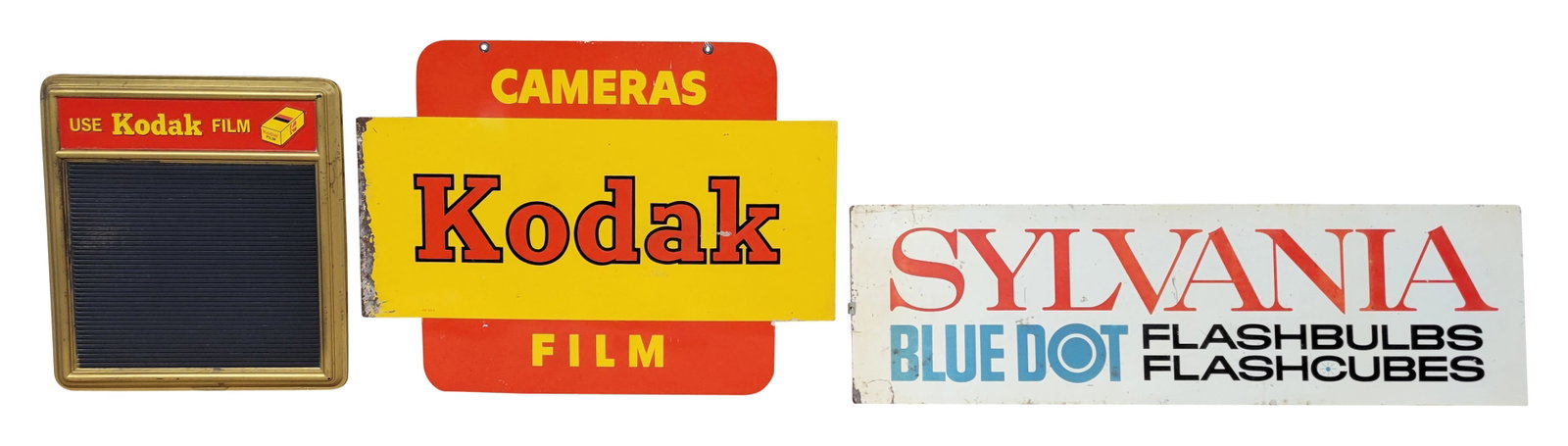 Kodak DST Sign, Menu Board, and Sylvania Rack Sign: Lot of 3 includes a 24" x 18" DST sign with good color and shine on each side with moderate wear throughout including scratches, and flaked paint on the edges. Also included is a 14.5" x 16" Kodak pla