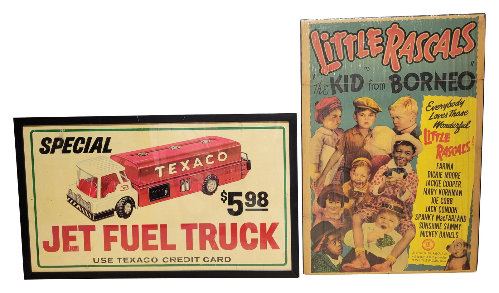 Little Rascals Movie Poster and Toy Texaco Jet Fuel Tanker Promotional Poster: Lot of 2 posters include a 27" x 40" shrink wrapped Little Rascals poster that is mounted on board. It has horizontal creases, and a small tear on the upper right corner. Also included is a 44" x 26" 