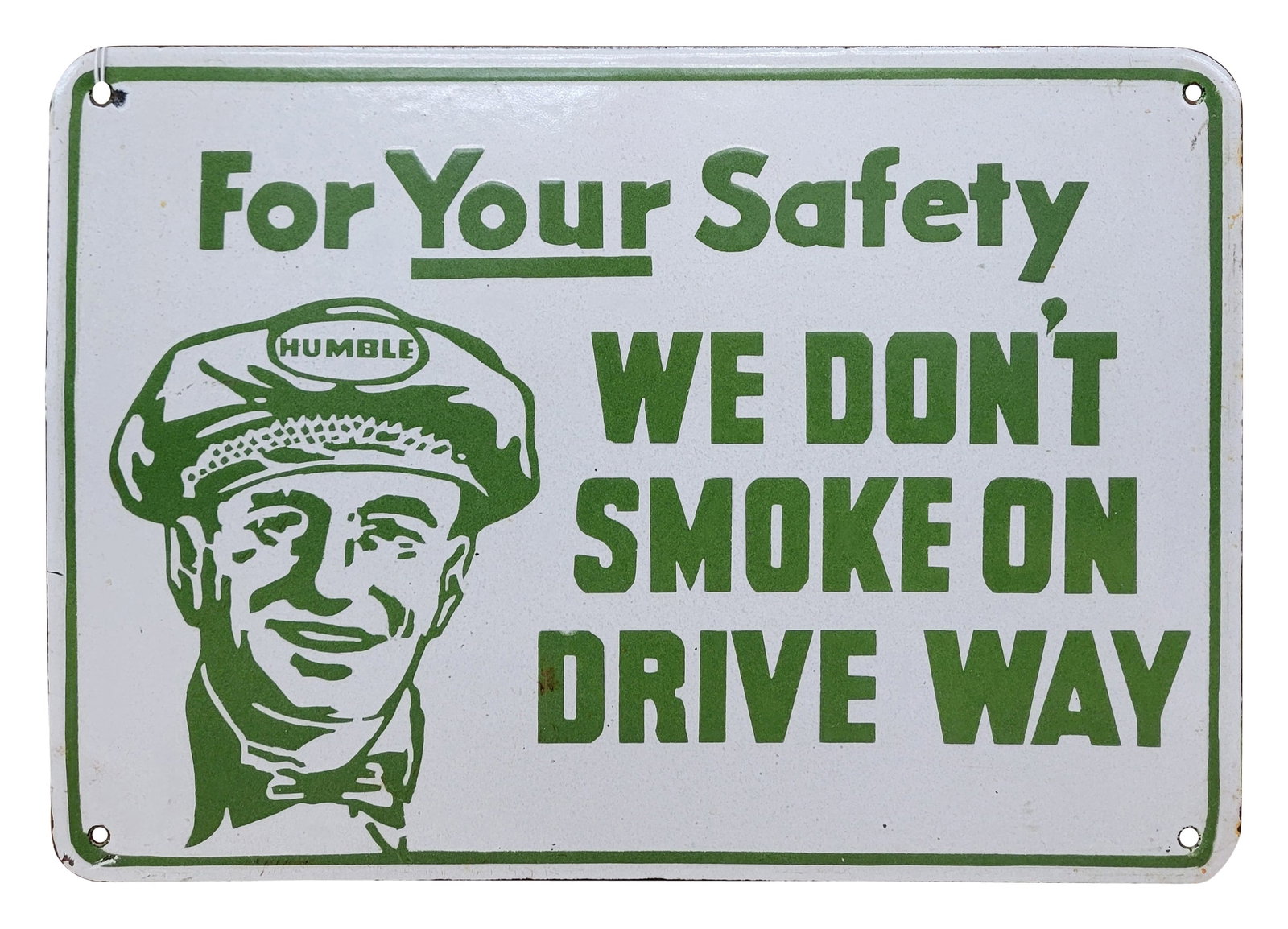 Humble For Your Safety Single Sided Porcelain Sign: 14" x 40" SSP sign features the Humble service station attendant. The field is very clean with good color and the perimeter has minimal wear with a small scratch at the lower left corner. Age Unknown.