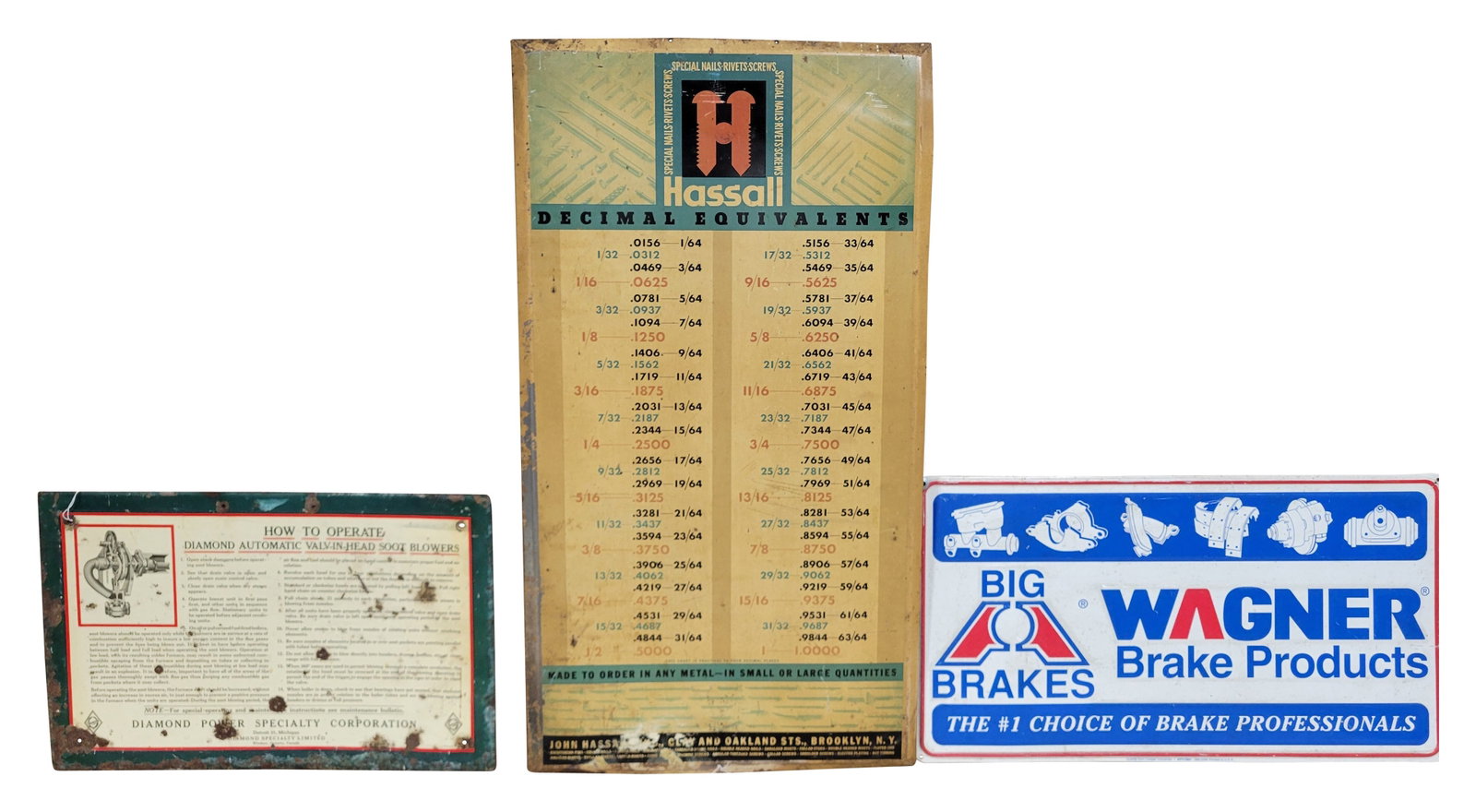 Lot of misc. signs: Lot of 3 signs includes a 1942 29" x 15.75" Hasall tin over cardboard sign, a 17.5" x 11.5" SST Diamond sign, and a modern 22" x 12" embossed SST Wagner sign.