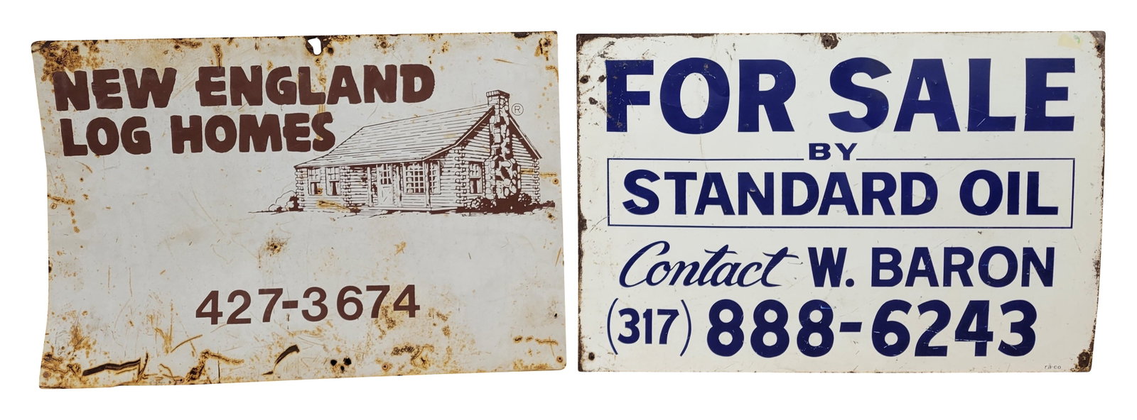 Standard Oil For Sale and New England Log Homes Tin Signs: Lot of 2 includes a 36" x 24" SST New Log Homes sign with significant wear including scratches, bends, holes, and rust. Also included is a 36" x 24" double sided tin For Sale By Standard Oil sign that