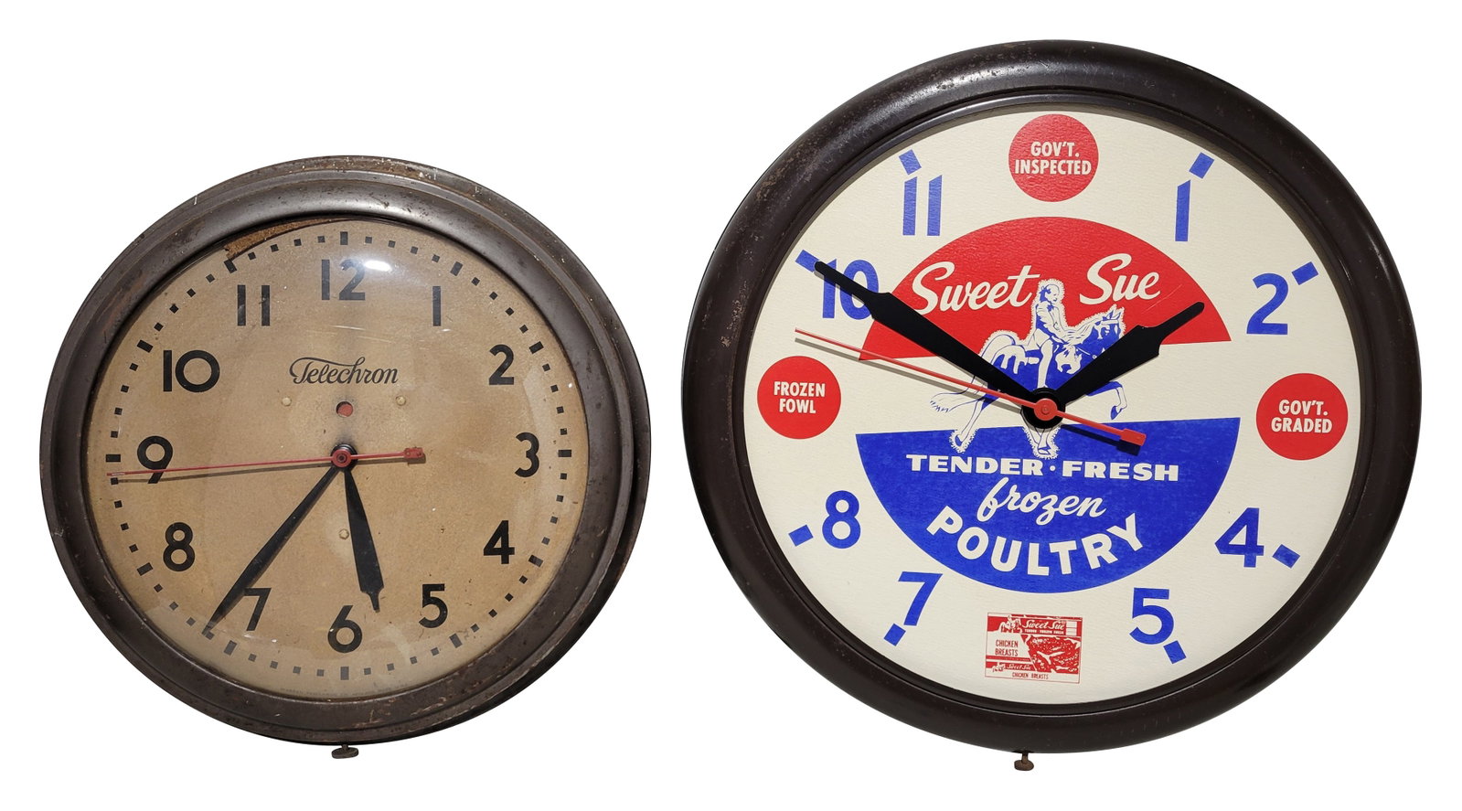 Sweet Sue Poultry and Telechron Clocks: Lot of 2 includes a 18" Sweet Sue clock with a metal can. There is no glass face. The advertising face is made of cardboard and displays bright colors. The clock mechanism does not work and the metal 