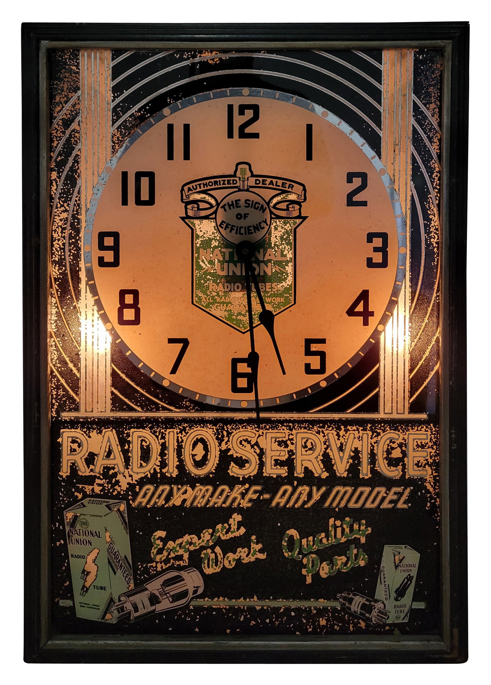 National Union Radio Tubes Authorized Dealer Advertising Clock: 17.5" x 26" illuminated clock features a reverse glass painted face, wood trim, and metal can. The glass face has flaking paint throughout. The wood trim exhibits age and wear with scratches and nicks