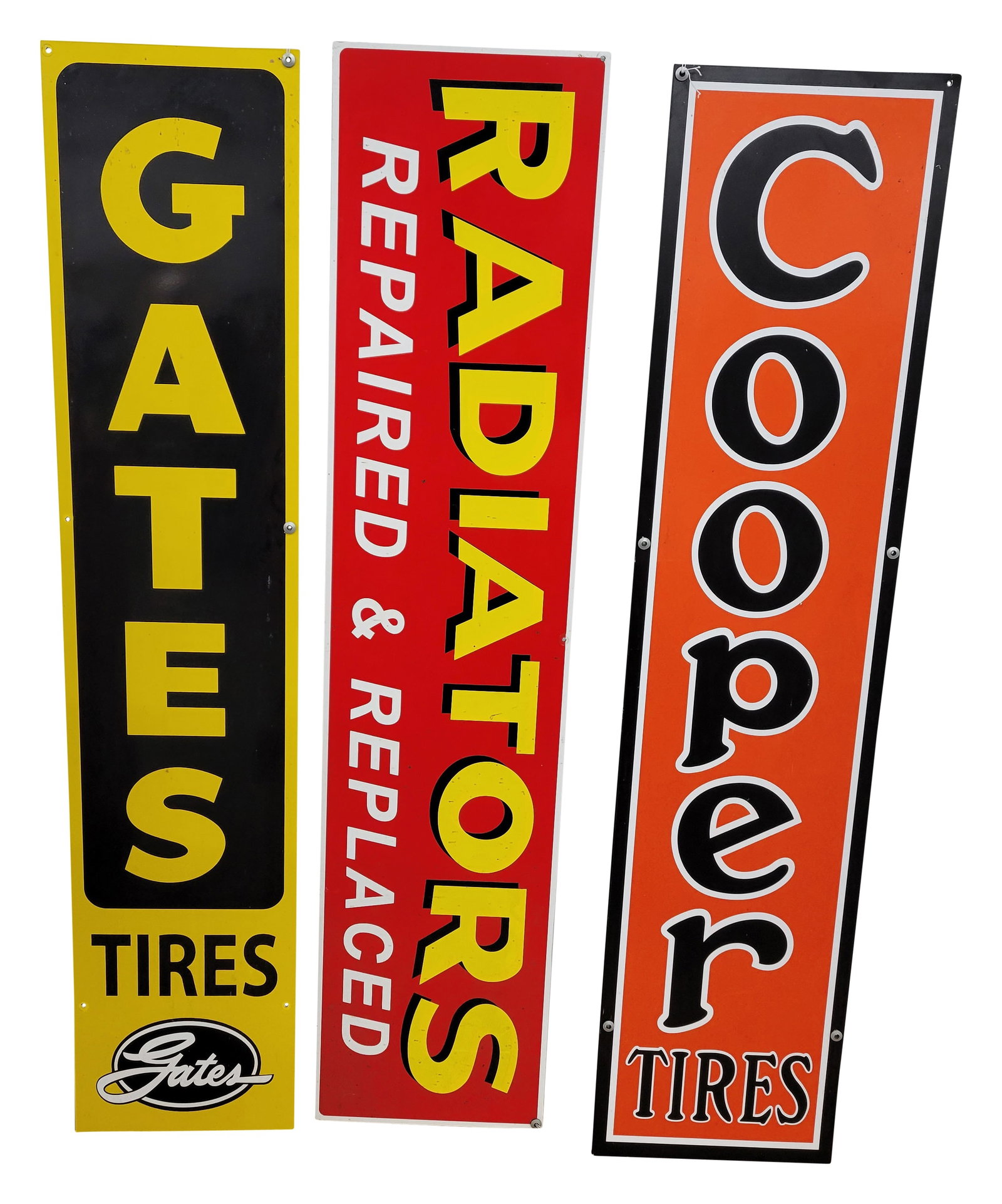 Gates, Cooper Tires, and Radiators Modern Signs: This lot includes 3 modern tin laminated foam board signs. The Radiator sign measures 46.75" x 10.5" and displays with light dirt and scuffs. The Cooper sign measures 11" x 46.5". The Gates Tires sign