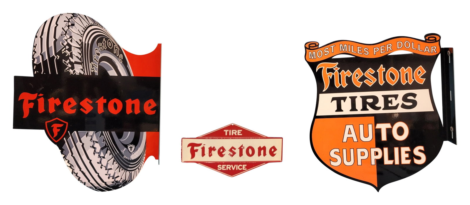Modern Firestone Flange Signs: Lot includes 2 modern metal Firestone flange signs in excellent condition. They both display well with bright colors and high shine. They measure 14" x 18" . The smaller SST die cut sign is embossed a