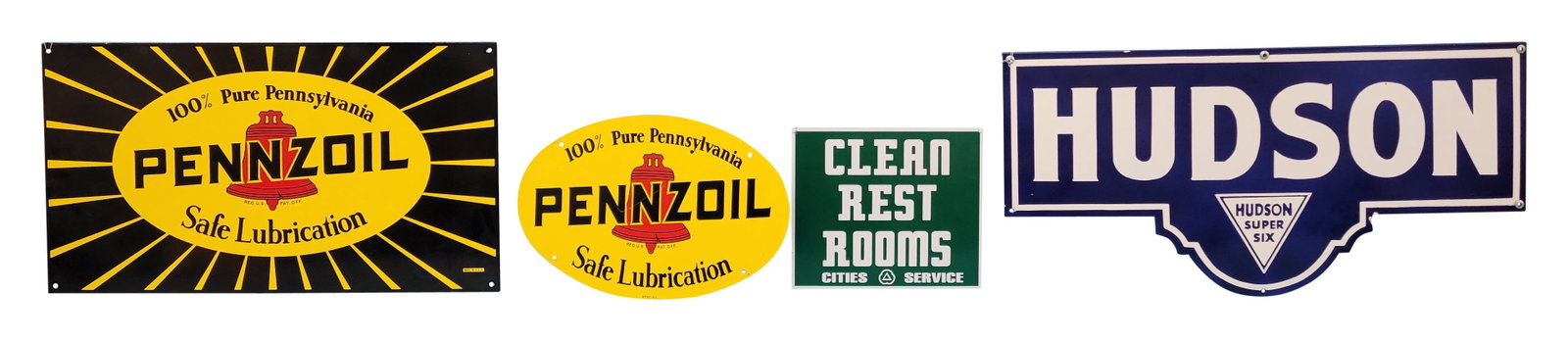 Pennzoil, Hudson, and Cities Service Rest Rooms Modern Signs: This lot of 4 modern signs includes an oval 16.5" x 11" SSP Pennzoil Safe Lubrication Sign with several scratches in the field and a 27" x 15" SSP Pennzoil Safe Lubrication sign in excellent condition