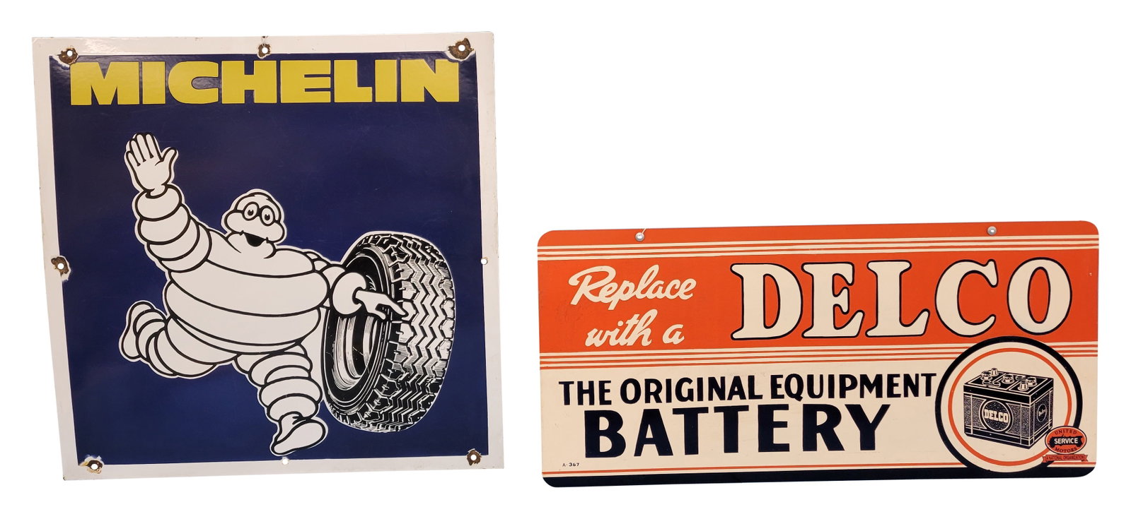 Delco Battery and Michelin Tires Signs: Lot of 2 signs includes a 32" x 15" SSM Delco Battery sign that displays excellent color and light wear. AGE UNKNOWN. Also included is a 26" x 26" SSP Michelin sign that exhibits very good color and 