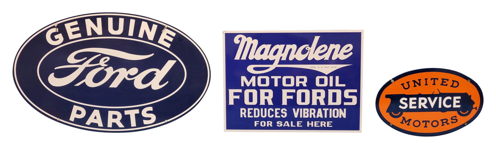 Ford, Magnolene, and United Service Modern Signs: Lot of 3 modern signs includes a 16.5" x 11" SSP United Motors sign, a 22" x 16.5" Magnolene Motor Oil tin laminated foam board sign, and a 32" x 19.5" SSM Genuine Ford Parts sign. All three signs