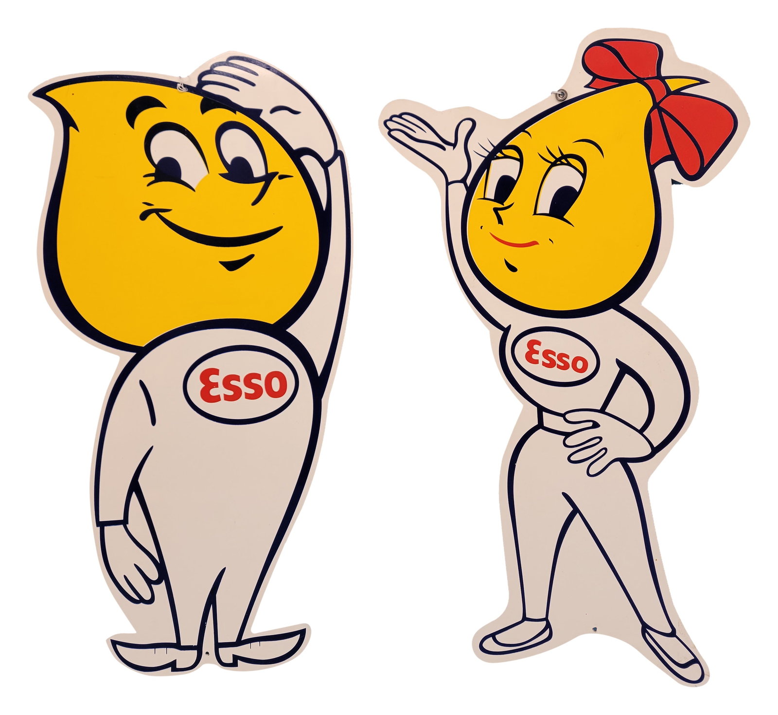 Modern Esso Oil Drop Girl and Boy Signs: This lot includes 2 modern die cut metal signs in excellent condition. They display well with bright colors and high shine. Each measure 26.75"h.