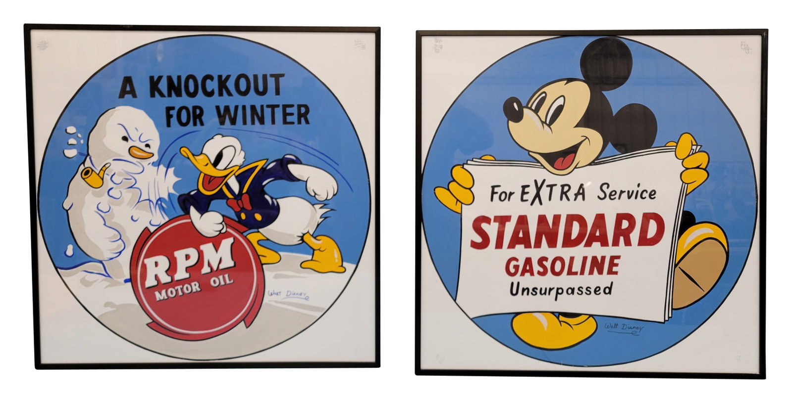 Modern Painted Standard Gasoline and RPM Motor Oil Signs With Mickey Mouse and Donald Duck: This lot includes 2 modern painted advertisements that are displayed beneath glass within a metal frame. They both display very well with vivid colors. The metal frames are in excellent condition. Eac
