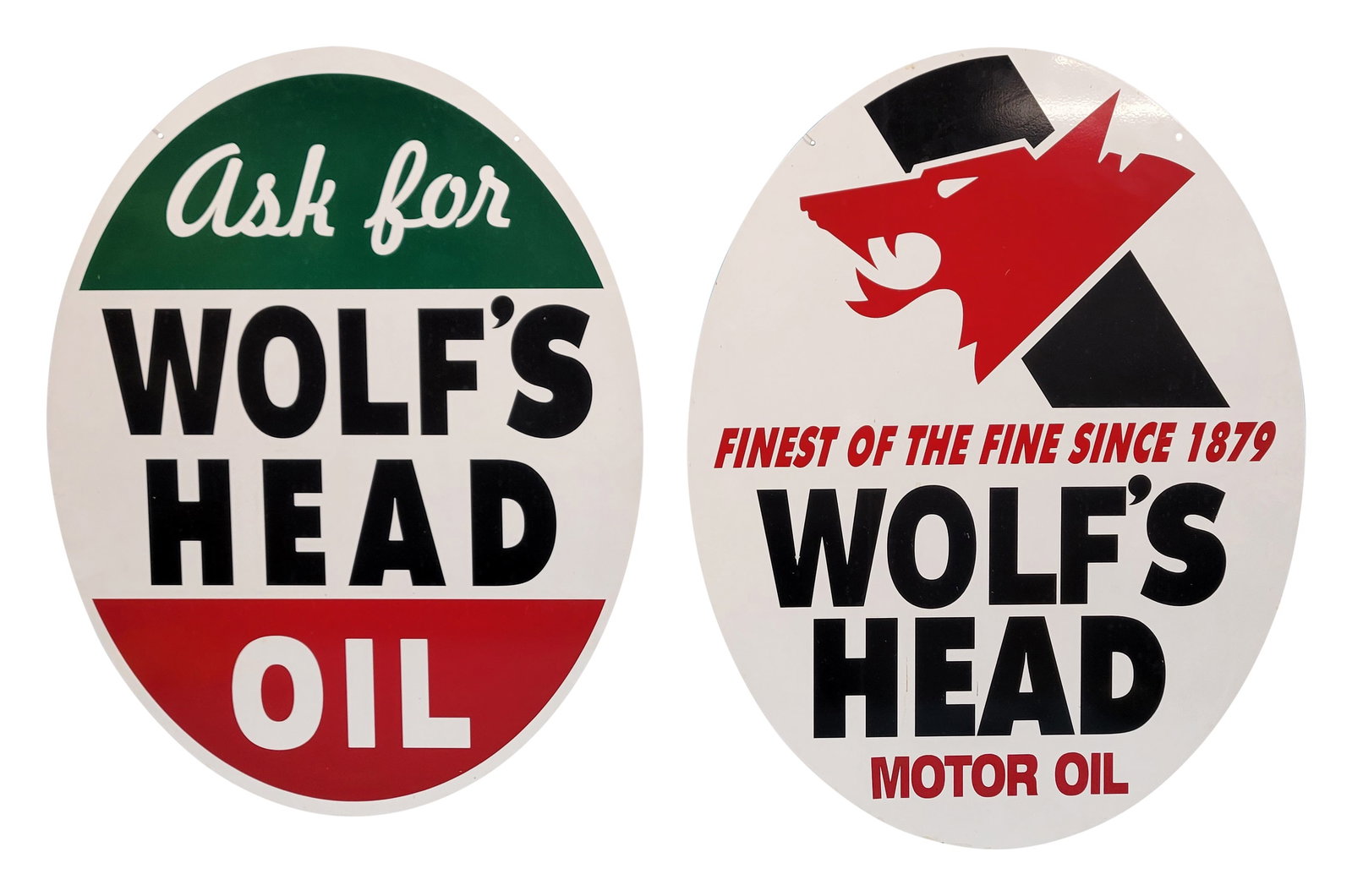 Lot of 2 Modern Wolf's Head Motor Oils Signs: This lot includes two 23" x 30" single sided metal signs in excellent condition condition with bright colors and high shine. The display well with minor scuffs. Modern. Age Unknown.