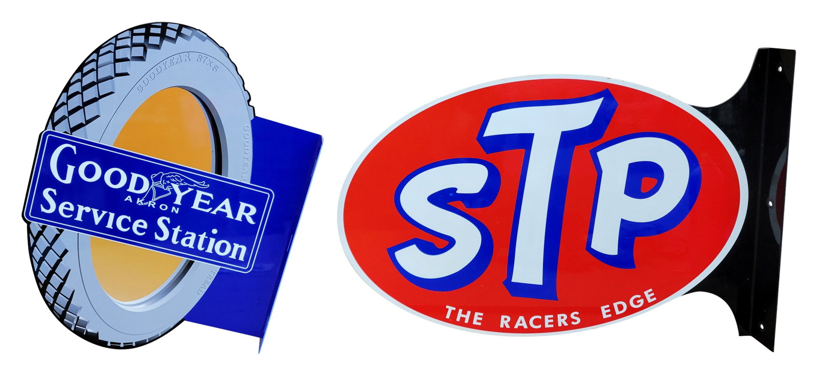 STP and Good Year Service Station Modern Flange Signs: Lot of 2 modern signs include a 23" x 16" DST STP flange sign and a 13" x 18" DST Good Year Service Station flange sign. Both signs display well with excellent color and shine. Modern. Age Unknown.