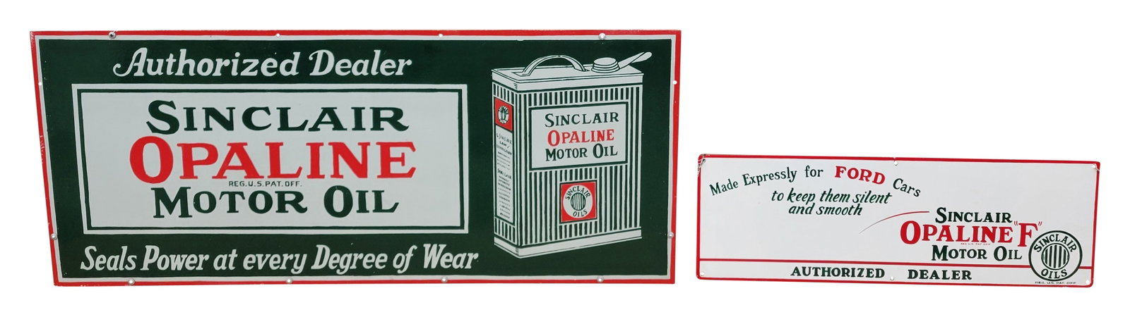 Lot of 2 Modern Sinclair Opaline SS Signs: This lot of 2 modern signs includes a 48" x 20" single sided metal Sinclair Opaline Authorized Dealer sign in excellent condition. Also included is a 30" x 10" Made Expressly For Ford Cards Sinclair O