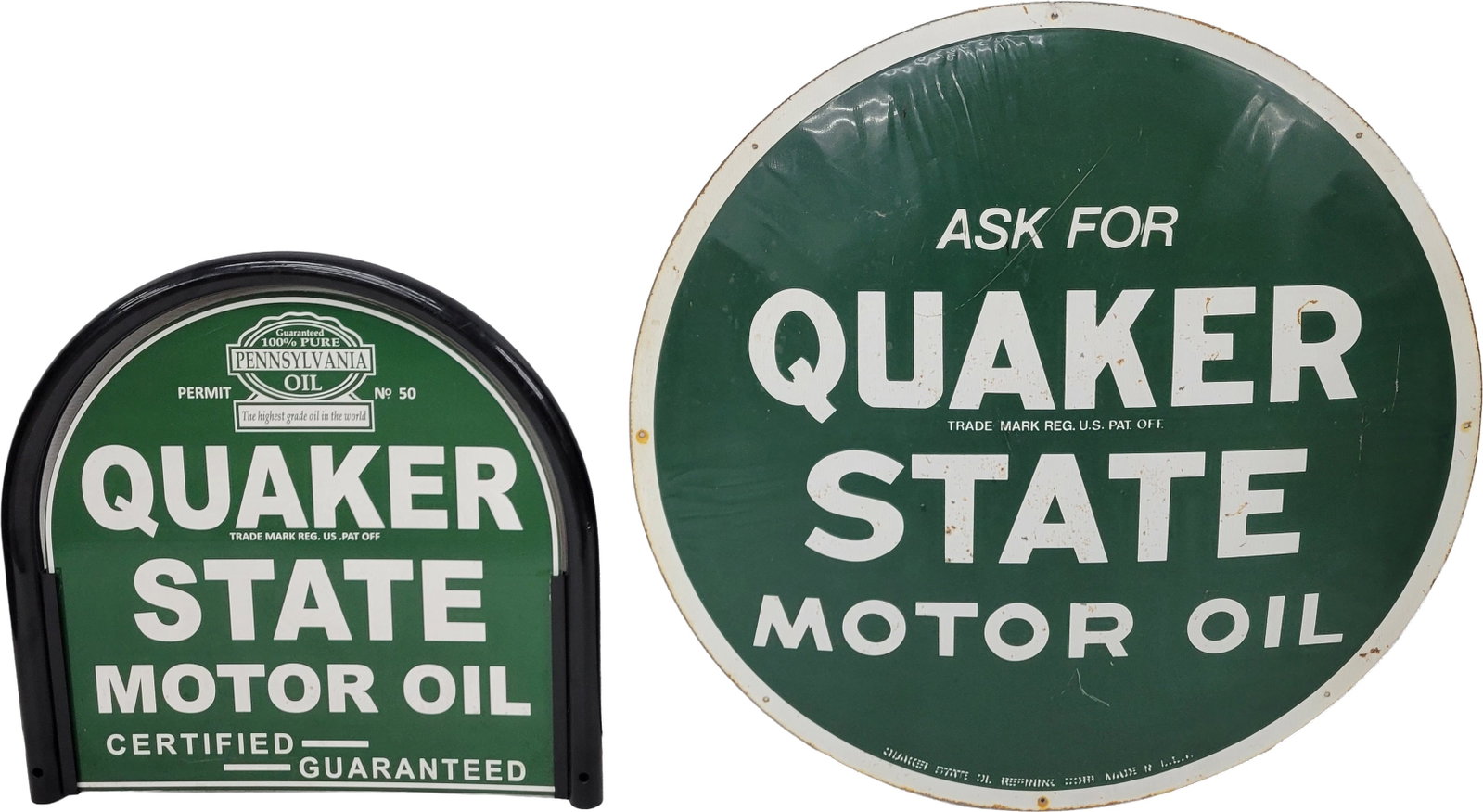 Quaker State Motor Oil Signs: This lot includes a 24" modern SST Quaker State Motor Oil convex sign. It displays well with good color, light scratches, and minor rust. The small 17" x 16.5" Quaker State Tombstone sign is foam bo