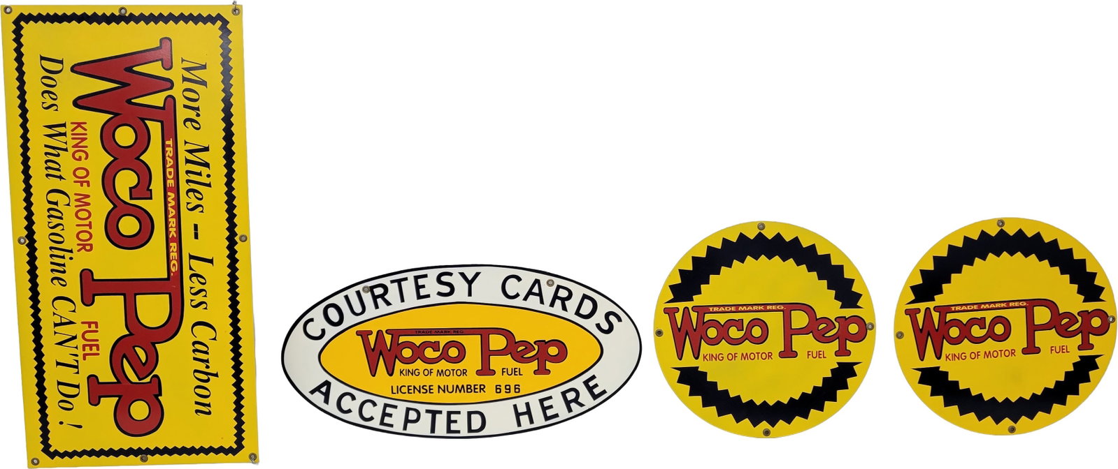 Lot of 4 Modern SS Woco Pep Signs: Lot of 4 modern metal signs includes a 30" x 15" SS More Miles Less Carbon sign, a 25" x 12.5" DS oval Courtesy Cards Accepted Here sign, and two 15"d round sigs. All of the signs are in excellent con