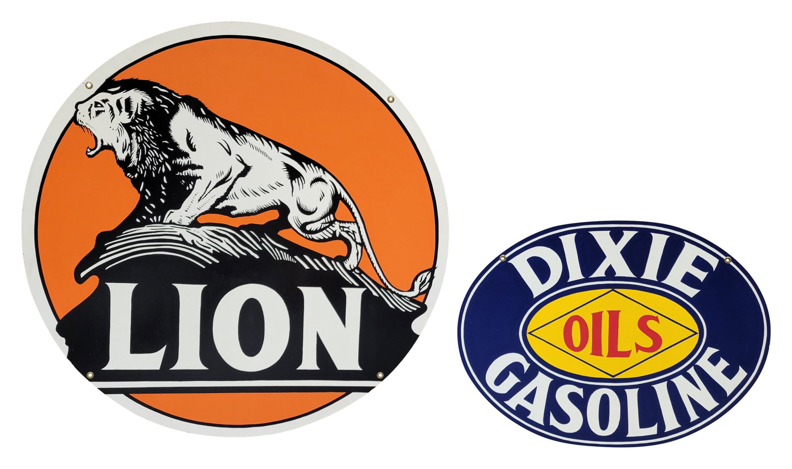 48" Lion Gasoline and Dixie Oils Gasoline Modern Signs: This lot includes 2 modern professionally painted single sided metal signs. The Lion sign measures 48" and the Dixie measures 36" x 27". They both display very well with excellent color and shine. Mod