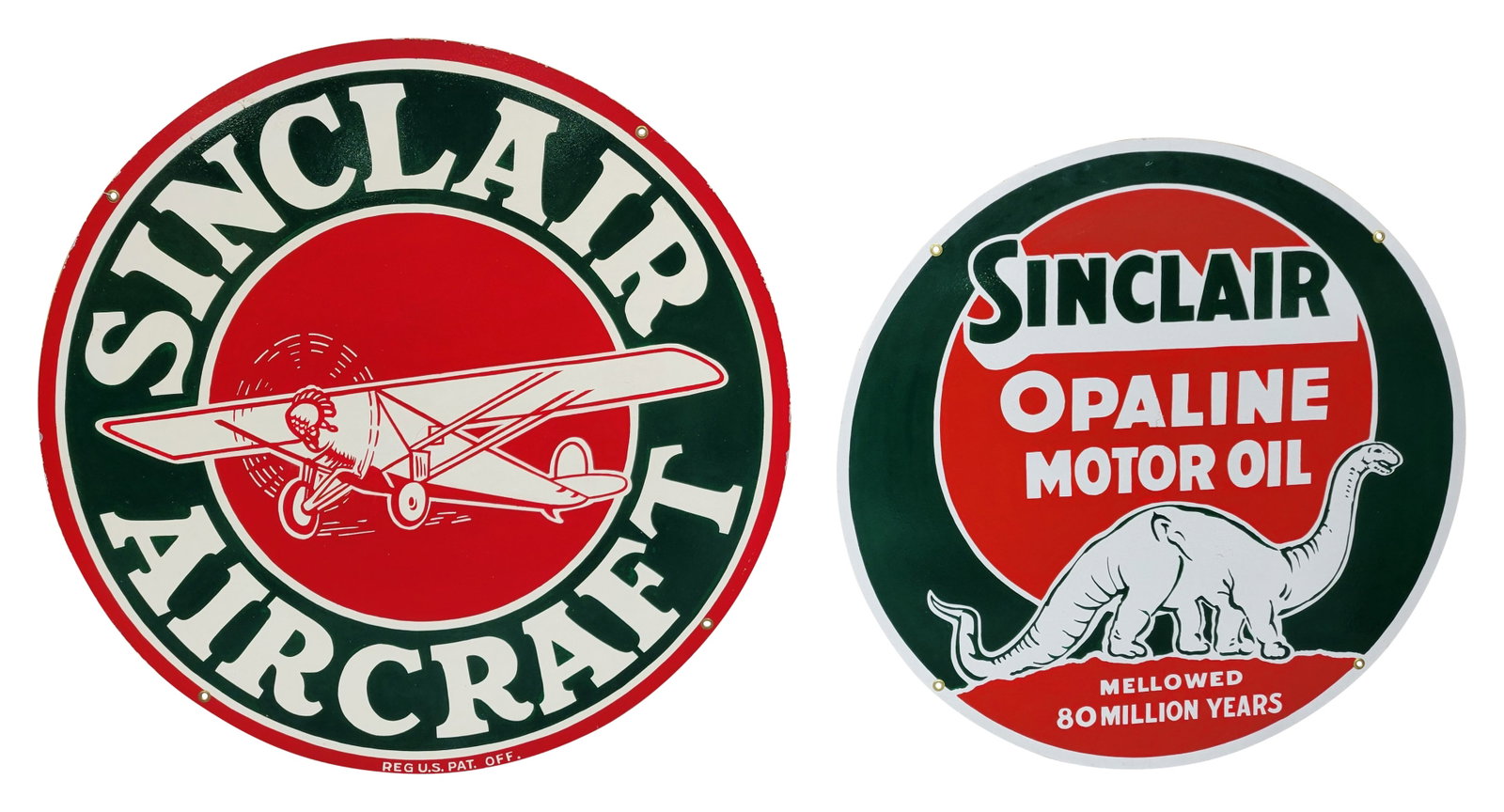 42" Sinclair Opaline Motor Oil and 48" Sinclair Aircraft Modern Signs: This lot includes 2 modern professionally painted single sided metal signs that display well with excellent color and good shine. The Sinclair Aircraft has minor wear visible along the perimeter. Mode