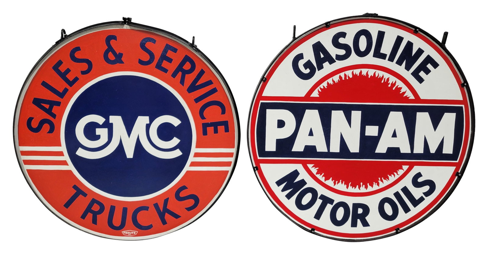 40" GMC Trucks Sales And Service Sign With Ring and 42" Pan-Am Gasoline Motor Oils With Ring Modern : This lot includes two modern professionally painted metal signs with new rings. They both display well with excellent color and good shine. The GMC sign is single sided. The Pan-Am sign is double side