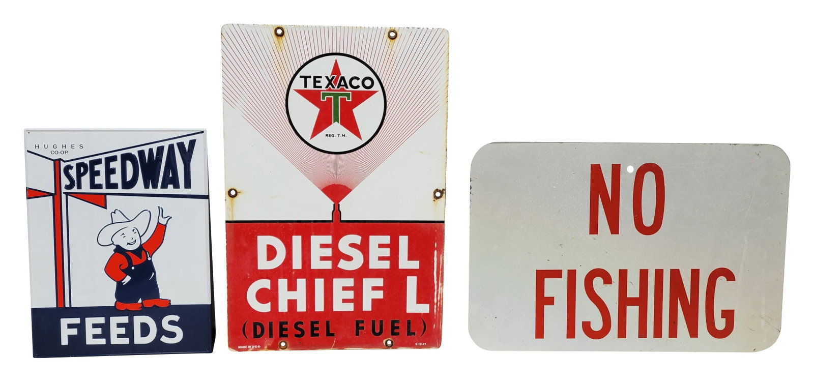 Speedway Feeds, No Fishing, Texaco Diesel Chief SSP Pump Plate Signs (1 of 2)