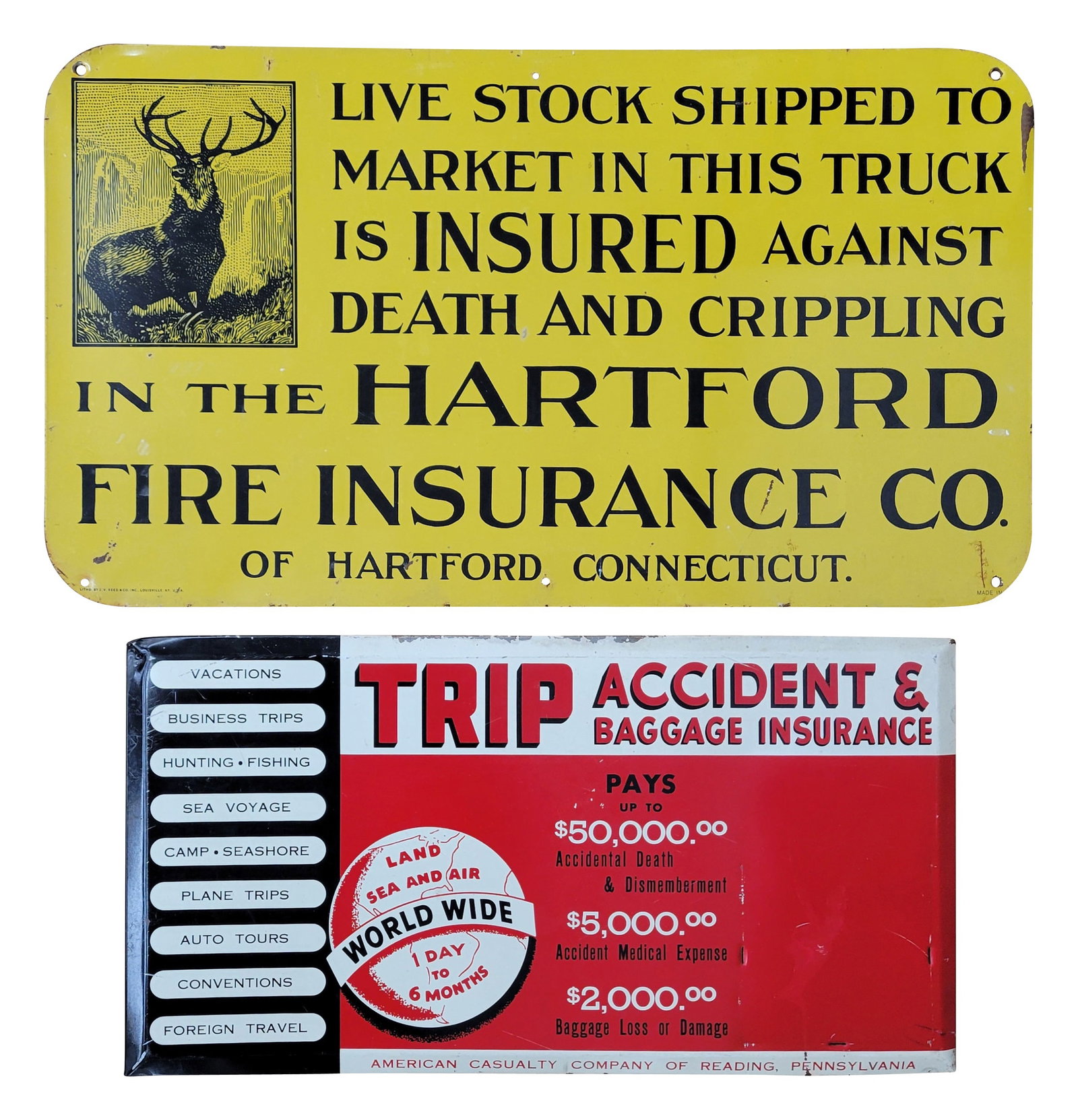 Hartford Fire and American Casualty Company Insurance SST Signs: Lot of 2 signs includes a 19.5" x 11" SST Hartford Insurance sign with moderate wear in the field and around the perimeter including small scratches and minor rust. Also included is a 16.5" x 8.75" SS